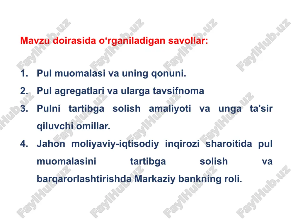 kibi asosan ikkita komponentdan tashkil topadi: muomaladagi likvidlik darajasi past hisoblangan pullar kvazipullar deb yuritiladi. ushbu pullarning tarkibiga nisbatan past likvidli va to‘lov vositasi sifatida ishlatilmaydigan qimmatli qog‘ozlar kiradi. muomaladagi naqd pullar naqd pulsiz mablag‘lar – pul massasining yuqori likvidli mablag‘lari hisoblanib, istalgan paytda to‘lov vositasi sifatida foydalanish imkoniyatini beradi. ushbu agregat muomaladagi banknot va tangalarni o‘z tarkibiga oladi. – mulkiy shaklidan qat’iy nazar barcha turdagi xo‘jalik yurituvchi subyektlarning kredit muassasalarida hisobraqamlardagi, shuningdek, plastik kartochkalar va hisob-kitob cheki ko‘rinishidagi mablag‘lardan iborat. pul massasini miqdoriy o‘lchashga nisbatan 2 xil yondashuv mavjud: aktivlarning likvidliligi deganda tez pulga aylana olish qobiliyati tushuniladi. likvidli yondashuvga ko‘ra nafaqat aktiv pullar balki passiv pullar ham pul massasining tarkibiga kiritiladi. transaksion yondashuv - bunda pullarning to‘lov vositasi va muomala vositasi sifatida harakatlanishi ko‘zda tutiladi. shu sababli transaksion yondashuvda pul massasining aktiv qismi e’tiborga olinadi. likvidli yondashuv - bunda pullar eng yuqori likvidli aktiv sifatida tan olinadi. pullarga …