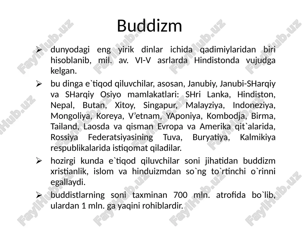 hta rohib bilan qishloqma-qishloq kezib yuradi. shu asnoda siddxartxa bir narsaga amin bo`ldi: bu yo`l uni o`z oldiga qo`ygan maqsad, ya`ni insoniyatni azob-uqubatdan qutqarish sari olib bormaydi va u rohiblar jamoasidan ajraladi. birmuncha vaqt changalzor o`rmonlarda kezib, xorib charchagach, bir daraxtning tagida dam olish uchun o`tiradi, va o`zicha, to haqiqatni topmaguncha shu erdan turmaslikka qaror qiladi. bu o`tirishning 49 kuni uning qalbidan «sen haqiqatni topding» degan sado keladi shu ondan u budda – nurlangan deb ataldi. u tagida o`tirgan daraxt esa – nurlangan daraxt (botxa) deb atala boshladi. budda o`zining birinchi da`vatini varanasi yaqinidagi rishipatana bog’ida, o`zining besh rohib do`stlariga qildi va ular buddaning birinchi shogirdlari bo`ldilar. budda hayot vaqtida budda 40 yil mobaynida hindistonning turli joylarida bo`ladi, odamlarga o`z g’oyalarini etkazadi, singdiradi va 80 yoshida kushtnagara degan joyda dunyodan o`tadi. uning jasadi, hind udumiga ko`ra, kuydirilib, xoki 8 ta buddist jamoalariga bo`lib yuborildi va har bir jamoa uni dafn …
