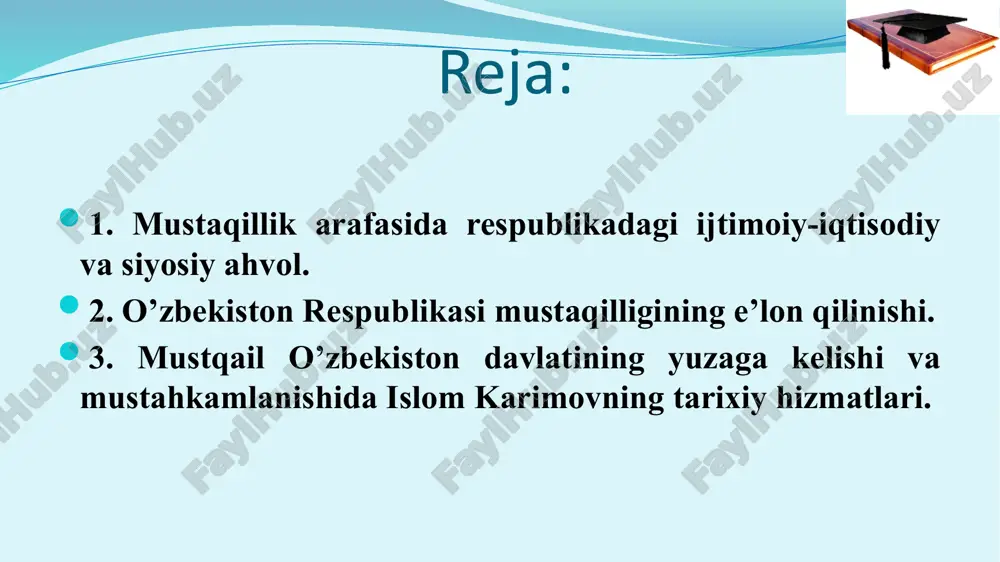 hi mamlakatimizning tom ma’nodagi, haqiqiy mustaqillikka erishish yo‘lida muhim ahamiyatga ega bo‘ldi. shundan e’tiboran mamlakatimizning siyosiy, iqtisodiy va ma’naviy hayotiga doir masalalar mustaqil tarzda hal etila boshlandi. o‘zbekistonning mustaqillik sari intilayotgani uning yangi ittifoq shartnomasini ishlab chiqish jara-yoniga respublika manfaati nuqtayi nazaridan kelib chiqqan holda, qat’iylik bilan yondashayotganida yaqqol namoyon bo‘ldi. 1991 yil aprelda kiyevda ukraina, rossiya, belarus, o‘zbekiston, qozog‘iston respublikalari rahbarlarining uchrashuvi bo‘ldi. uchrashuvda mustaqil respublikalar manfaatlariga mos keladigan ittifoq shartnomasini tuzishga yondashish yo‘llari ishlab chiqildi va tegishli bayonot imzolandi. bu hujjatni qirg‘iziston, tojikiston, turkmaniston respublikalari ham imzolashga rozilik bildirdi. markaz yon berishga majbur bo‘ldi. 1991 yil aprelda novo-ogoryovoda sssr prezidenti m.s.gorbachyovning 9 respublika rahbarlari bilan uchrashuvi bo‘ldi. ishtirokchilar tomonidan „mamlakatdagi vaziyatni bar-qarorlashtirish va tanglikni bartaraf etishga doir kechiktirib bo‘lmaydigan choralar to‘g‘risida qo‘shma bayonot“ imzolandi. bu hujjat “9+1” (9 respublika + markaz) degan nomni oldi. uning mazmuni markazning yon berganini, kiyevda bildirilgan fikr-mulohazalarga rozi bo‘lganini ko‘rsatadi. 1991-yil avgust davlat …