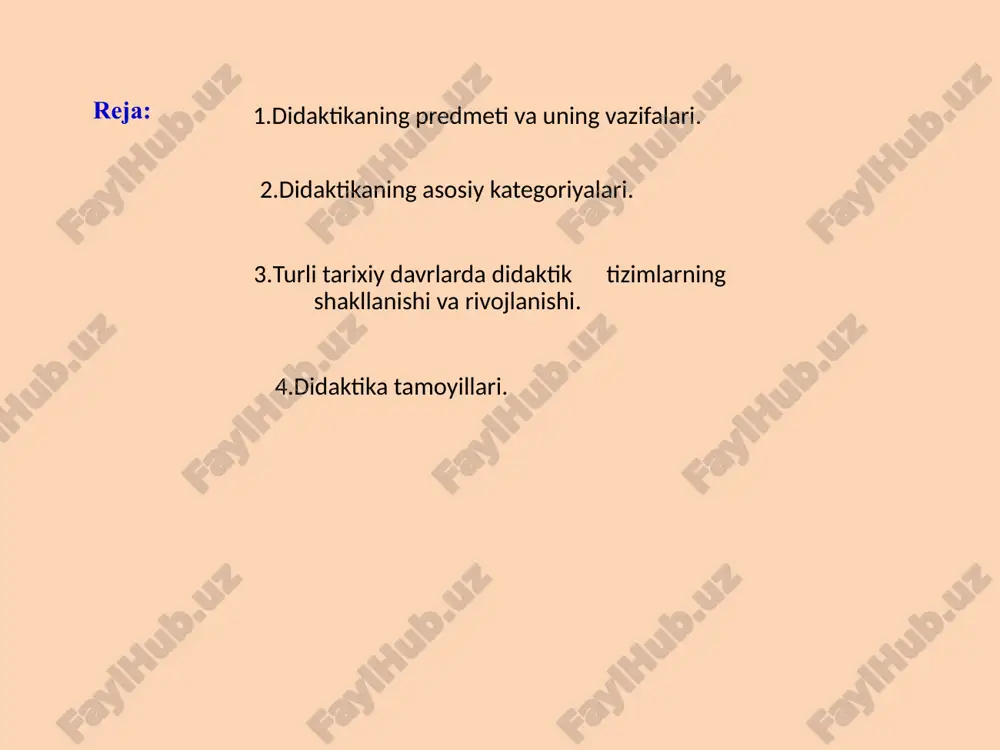 oliyati. o‘rganish - anglash, mashq qilish, va egallangan tajribalar asosida xulq-atvor va faoliyatning yangi shakllarini egallash jarayoni, oldin egallanganlari o‘zgaradi. ta’lim - o‘qitish jarayonida egallanadigan bilim, ko‘nikma, malakalar, kompetensiya va fikrlash usullari tizimi. o‘qitish - qo‘yilgan maqsadga erishishga yo‘naltirilgan pedagog bilan o‘quvchilarning tartiblangan o‘zaro harakati. bilim-shaxsning ongida tushunchalar, sxemalar, ma’lum obrazlar ko’rinishida aks etuvchi borliq haqidagi tizimlashtirilgan ilmiy ma’lumotlar majmui. ko’nikma- shaxsning biror faoliyatni tashkil eta olish layoqati. malaka-ongli xatti-harakatning avtomatlashtirilgan tarkibiy qismi. kompetensiya - egallangan bilim, ko‘nikma va malakalarni kundalik va kasbiy faoliyatda qo‘llay olish layoqati. mazmun - o‘qitish jarayonida egallanishi lozim bo‘lgan ilmiy bilim, amaliy ko‘nikma va malakalar, faoliyat, fikrlash usullari tizimi. maqsad - o‘ qitishning nimaga qaratilganligi, uning kuchlari kelgusida qay yo‘sinda safarbar etilishi. tashkil etish - qo‘yilgan maqsadni samarali amalga oshirish uchun unga zaruriy shaklni taqdim etadigan, aniq mezonlar bo‘yicha tartiblangan didaktik jarayon. ta’lim shakli ta’lim jarayonining tashkiliy qurilishi ta’lim metodlari ta’lim jarayonida qo’llanilib, uning samarasini …