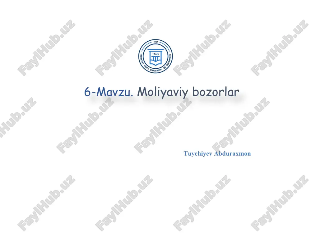 siyasini ta'minlab berishdan iborat. tijorat funktsiyasi narh-navo funktsiyasi informatsion funktsiyasi tartiblashtirish funktsiyasi umumbozor funktsiyalar moliyaviy resurslarni taqsimlash va qayta taqsimlash funktsiyasi narh va moliyaviy risklarni oldini olish funktsiyasi moliya bozorining mahsus funktsiyalari moliyaviy resurslarni umumjahon miqyosida globallashgan iqtisodiyot doirasida samarali taqsimlanishi va qayta taqsimlanishi milliy moliya bozorlarini o'zaro integratsiyalashuvi (uyg'unlashuvi); moliyaviy globallashtirish funktsiyasi moliya bozorlarini internatsionallashuvi jahon globallashuvi jarayonlari rivojini katalizatori qmab - qisqa muddatli (1 yilgacha) monetizatsiyalashgan mab (qimmatli qog'ozlardan tashqari) tarkibi bo'yicha o'umab - o'rta (1-5 yilgacha) va uzoq (5 yildan ortiq, odatda 30 yilgacha) muddatli monetizatsiyalashgan mab qmqb - qmabga mos qisqa muddatli qimmatli qog'ozlarning birjadan tashqari bozori umqb - qisqa muddatli (1 yilgacha) monetizatsiyalashgan mab (qimmatli qog'ozlardan tashqari) bb – qimmatli qog'ozlarning birja bozori 2. moliya bozori tasnifi pul-kredit (bank va boshqa kredit, lizing tashkilotlari kapitallari) bozori segmentlari bo'yicha qimmatli qog'ozlar (fond, kapitallar) bozori; valyuta va unga tenglashtirilgan avuarlar (qimmatbaho metallar, kamyob elementlar, san'at asarlari va …