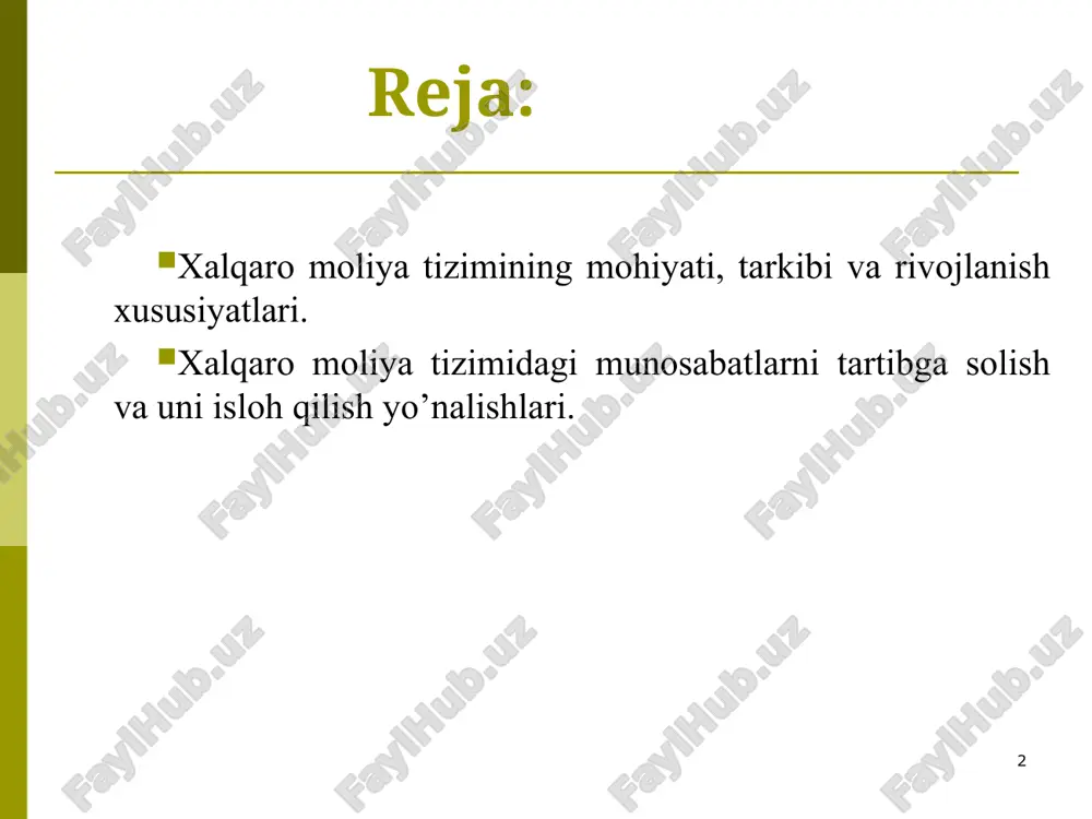 moliya tizimi - bu global valyuta munosabatlarining samarali tashkil etilgan shakli bo’lib, u turli davlatlar oʻrtasida tuzilgan shartnomalar bilan tartibga solinadi. xalqaro moliya tizimining tarkibiy tuzilmasi bir nechta qismlardan iborat bo’ladi: valyuta munosabatlari ifodasi boʻlib xizmat qiladigan jahon pul tizimi. valyuta kursi - bir davlat pul birligining boshqa davlat pul birligida ifodalangan narxi. milliy valyuta bozorlari. xalqaro valyuta-moliya tashkilotlari. * xalqaro moliya tizimi elementlari * xalqaro moliya tizimining barcha elementlari har bir milliy moliya tizimiga xosdir. umuman olganda, xalqaro moliya operatsiyalarining aksariyat qismi milliy moliya tizimlari tuzilmasida amalga oshiriladi va ular xalqaro moliya tizimining elementlari sifatida namoyon boʻladi. ushbu operatsiyalarning farqli tomoni shundaki, ularda tomonlarning kamida bittasi har doim norezident hisoblanadi. bunday operatsiyalar uchun milliy qonunchilikda har doim ularni amalga oshirishning maxsus qoidalari va tartiblar ishlab chiqiladi. ularning xususiyati, maqsadga muvofiqligi va samaradorligi doimo tadqiqotchilar va davlat organlarining diqqat markazida boʻlishi kerak. * xalqaro moliya tizimining rivojlanishi bilan birga aynan …