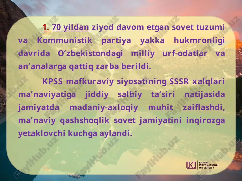 arbobi va sovet partiyasi a’zosi. 1966 yil sanasi toshkent tarixida vayrongarchilik yer qimirlashi voqeasi bilan muhrlanib qolgan, biroq, shahar bu hodisani g‘alaba bilan yengdi: yangi binolar qad rostladi, tumanlar barpo etildi, o‘rta osiyodagi birinchi toshkent metropoliteni qurildi. 1959yil 15martda o‘zbekiston kompartiyasi markaziy komitetining birinchi sekretari lavozimiga sharof rashidov (1917–1983) saylandi. u bu lavozimda umrining oxirigacha samarali faoliyat ko‘rsatdi. 1989-yilning may oyiga qadar javobgarlikka tortilgan 35 nafar ayblanuvchining ishi sudga oshirildi. 1984-1989-yillar davomida t.gdlyan guruhi tomonidan 800 dan ko‘proq “jinoiy” ish ko‘rilib, jinoiy javobgarlikka tortilganlarning 600 nafari rahbar xodimlar, 10 nafari sotsialistik mehnat qahramonlari bo‘lgan. o‘zbekiston ssr paxta tozalash sanoati vaziri v.usmonovga esa 1986-yilda o‘lim jazosi belgilangan, hukm 1987-yilda amalga oshirilgan. gdlyan va ivanov “paxta ishi” bo’yicha tergov harakati rahbarlari. 3. 1990-yil 24-martda o‘zbekiston oliy sovetining birinchi sessiyasi o‘zbekiston tarixida birinchi marta prezidentlik lavozimini taʼsis etish to‘g‘risida qaror qabul qildi. sessiya yakdillik bilan islom abdug‘aniyevich karimovni o‘zbekistonning prezidenti etib saylash to‘g‘risida …