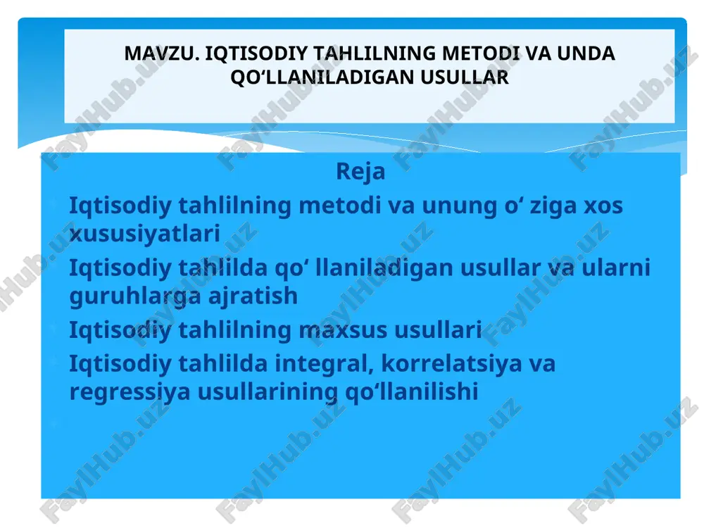 omillar omillar sifatini yaxshilanishi bilan bog’lq omillar xodimlar soninin o’sishi modiy texnikani jalb qilish yer maydonining ko’payishi mehnat unumdorligini o’sishi moddiy- texnika samaradorligini oshishi yer hosildorliginig oshishi - xo‘jalik faoliyatini ifodalovchi ko’rsatkichlar sistemasini qo’llash -o’rganilayotgan ko’rsatkichlarning o’zgarish va farq sabablarini to’liq aniqlash -iqtisodiy samaradorlikka erishish maqsadida ko’rsatkichlarni bir-biriga bog’liq holda o’rganish iqtisodiy tahlil metodining eng muhim xususiyatlari quyidagilardan iborat: 2.2. iqtisodiy tahlilda qo‘ llaniladigan usullar va ularni guruhlarga ajratish iqtisodiy-matematik usullarni qo’llash asosida iqtisodiy tahlilning maxsus usullari taqqoslash — inson atrof-muhitni anglay boshlagan usullardan biri bo’lib, undan doimo foydalaniladi - haqiqatdagi ko‘rsatkichlarni biznes-reja darajasidagi ko‘rsatkichlar bilan taqqoslash natijasida biznes-rejaning bajarilish darajasi va sifati aniqlanadi; - joriy yilda amaldagi ko‘rsatkichlarni o‘tgan davr hisoboti bilan taqqoslash natijasida ishlab chiqarishning o‘sish sur’ati aniqlanadi; ishlab chiqarishda eng mukammal namunaga ega bo‘lgan korxonaning iqtisodiy modeli bilan taqqoslash. korxona ishining yakuni korxona hamda ushbu tarmoqdagi ilg‘or ishchilarning ish natijalari bilan taqqoslash; - ushbu korxonaning ko‘rsatkichlari tarmoq …