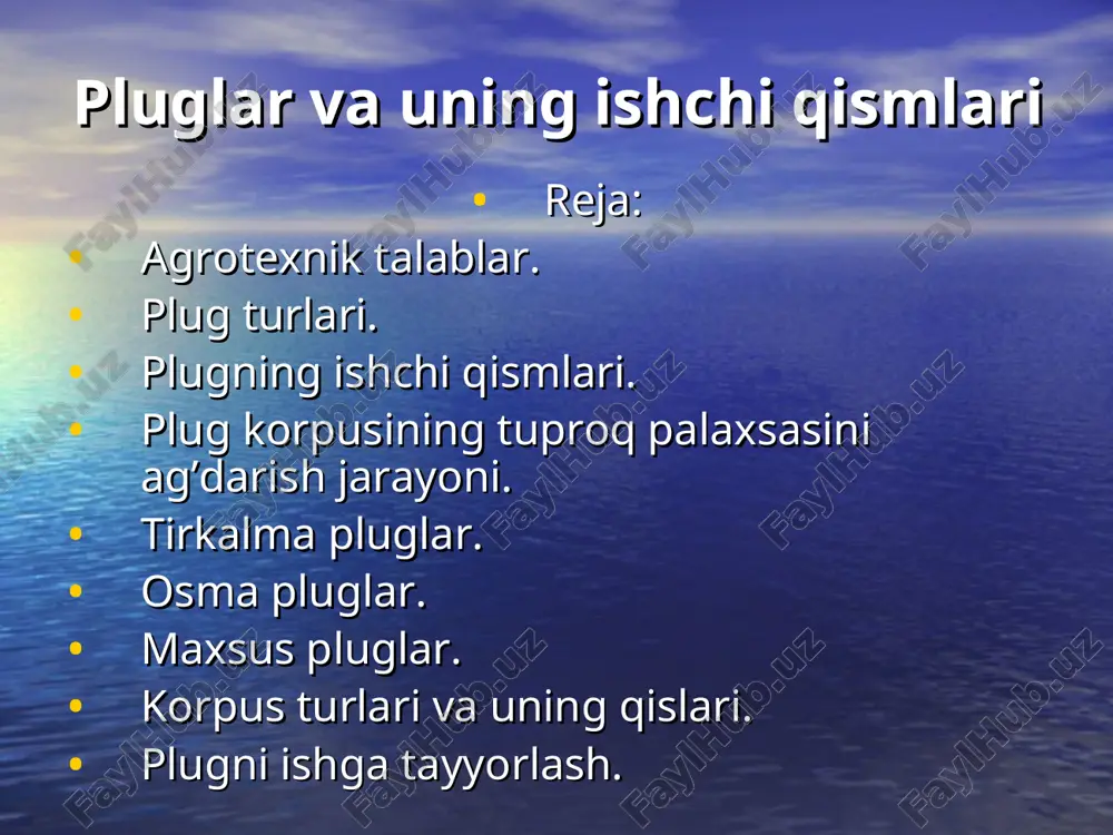 rli traktorga ulash 1-plug ramasi; 2-tirkama; 3-pasaytirgich; 4-yuqorigi korpus; 5-asosiy korpus; 6-dala g’ildiragi; 7-egat g’ildiragi; 8-orqa g’ildirak; 9-traktor zanjiri; 10-ko’ndalang planka erlarni ichkari (1,2,4) va tashqariga (3,5) ag’darib haydash tirkalma plugning kinematik sxemasi. a, b - ishchi va transpotr holati; v - orqa g’ildirak holati; g, d - orqa g’ildirak holatini sozlash. tirkalma plugni chuqurlikka sozlash. a - yon ko’rinishi; b - uch nuqtali varianti; v - ikki nuqtali varianti traktor osish moslamasini sxemasi. osma plugni tayinlangan shudgorlash chuqurligiga o’rnatish. osma plugni sozlash. a, b, v, g – agregatni 1, 2, 3, 4-chi yurishidan keyingi shudgor ko’rinishi. yarusli plug korpuslarini joylashishi. uch yarusli ishlov berish berish sxemasi a - ishchi qismlsrning joylashishi; b - plaxsa to’ntarilish tartibi; 1 -rama; 2- kichik korpus; 3 va 4 - asosiy korpus; 5, 6 va 9 -disksimon pichoqlar; 7 -g’ildtrak; 8 -osma; a va b to’rtarilayotgan palaxsa. frontal plug ish sxemasi. plug ishchi qismlarini …