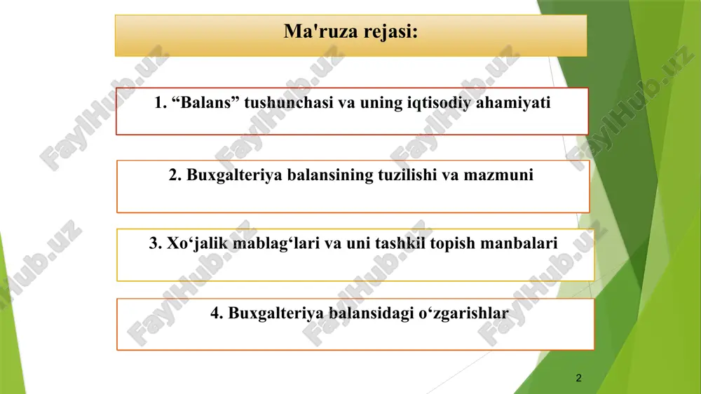 riga solishtirib, ma’lum bir sanaga qiymat ifodasida umumlashtirilgan holda aks ettirish usuli buxgalteriya balansi deyiladi. 7 buxgalteriya balansining tuzilishi va mazmuni balans tuzilishi shakli bo‘yicha – ikki qismdan iborat: aktivlar va passivlar chap tomoni aktivlar deb atalib, ular xo‘jalik mablag‘laridan tashkil topadi. o‘ng tomoni esa passivlar bo‘lib, mablag‘larning tashkil topish manbalari va majburiyatlaridan iborat bo‘ladi aktivlar = xususiy kapital + majburiyatlar buxgalteriya balansi – xo‘jalik mablag‘larini ularning turlari va tashkil topish manbalari bo‘yicha muayyan bir davrga pulda ifodalanib umumlashtirib aks ettirish va iqtisodiy guruhlash usulidir. 8 2. buxgalteriya balansining tuzilishi va mazmuni «aktiv» atamasi lotincha - faoliyatli, amal qilish, mavjud bo‘lish degan so‘zlardan kelib chiqqan. shundan kelib chiqib, aktiv deganda mablag‘lar qanday amal qilayotganligini, ishlayotganligini ko‘rsatuvchi mablag‘lar guruhlanishini tushunish kerak «passiv» atamasi lotincha - faolsiz, xolis, betaraf turmoq, tushuntirish kabi so‘zlarninqarzga olingan mablag‘larga nisbatang ildizidan olingan. tarixan bu atama dastlab faqat, ya'ni uchinchi shaxslar oldidagi majburiyatlarga nisbatan qo‘llanilgan. buxgalteriya balansining …