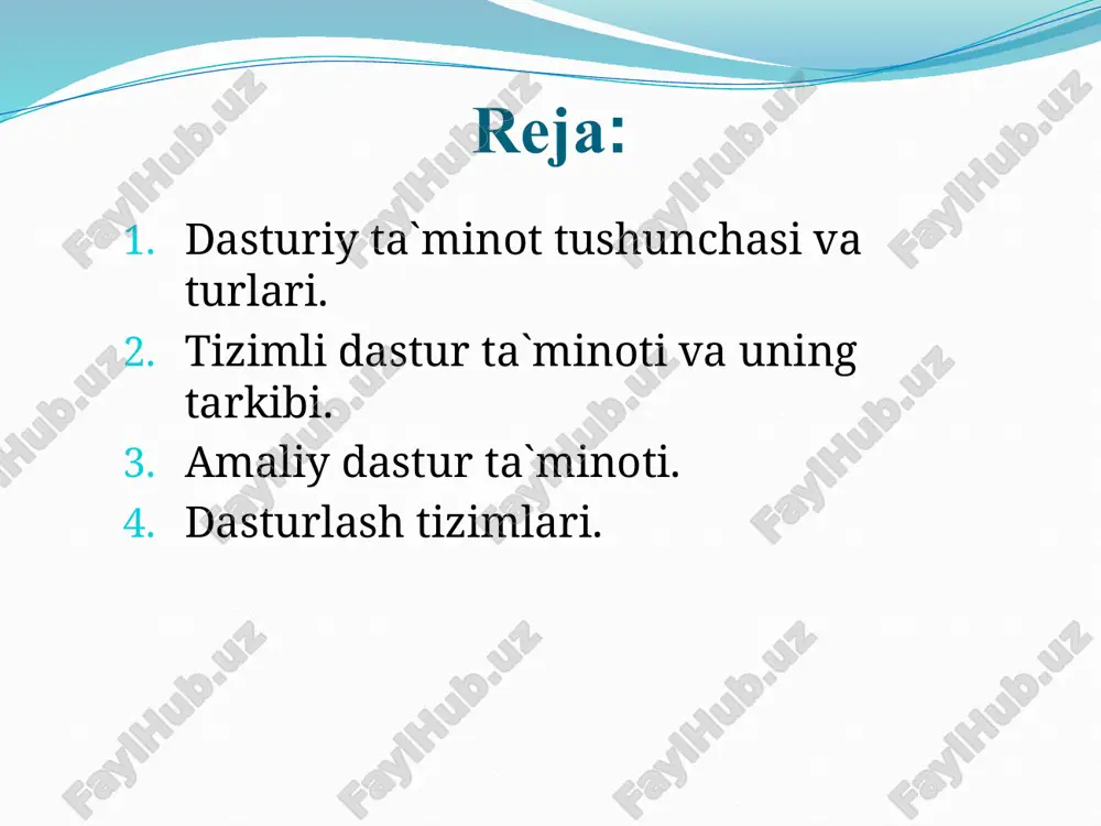 tizimli dastur ta`minoti va uning tarkibi tizimli dastur ta'minoti operatsion tizimlar drayverlar utilitalar operatsion tizim (ot) – foydalanuvchi va komp’yuter o`rtasidagi muloqotni tashkil etuvchi o`zaro bog’liq dasturlarning tizimli majmuasi-dir. ular komp’yuter resurslarini taqsimlash va ishlatishni hamda barcha apparat vositalari ishini boshqaradi. operatsion tizim (ot) operatsion tizim vazifalari operatsion tizim vazifalari 1 david watson and helen williams, computer science, ® igcse is the registered trademark of cambridge international examinations, 2014. ot ning asosiy tashkil etuvchilari (komponentalari): otni yuklovchi – yuklovchi diskning birinchi sektorida joylashgan uncha katta bo`lmagan dasturdir. u otning asosiy qismini, ya`ni yadrosini xotiraga yuklaydi. xotirani taqsimlash tizimi. yadro - masalalar va resurslarni boshqarish, sinxronlashtirish va o`zaro bog’lash . kiritish-chiqarish tizimi (bios-basic input and output system), asosiy platada joylashgan mikrosxema komp’yuter yoqilganida qurilmalarni testlash, diskdan ma`lumotlarni o`qish va diskka yozish, klaviatura, monitor va printerlar bilan ma`lumot almashish, vaqt va sanani saqlash, komp’yuter parametrlarini sozlash kabi vazifalarni bajaradi. buyruq protsessori – …