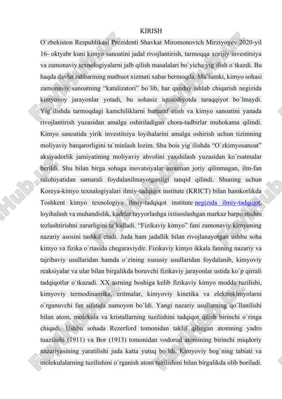 yo va fizika o`rtasida chegaraviydir. fizikaviy kimyo ikkala fanning nazariy va tajribaviy usullaridan hamda o`zining xususiy usullaridan foydalanib, kimyoviy reaksiyalar va ular bilan birgalikda boruvchi fizikaviy jarayonlar ustida ko`p qirrali tadqiqotlar o`tkazadi. xx asrning boshiga kelib fizikaviy kimyo modda tuzilishi, kimyoviy termodinamika, eritmalar, kimyoviy kinetika va elektrokimyolarni o`rganuvchi fan sifatida namoyon bo`ldi. yangi nazariy usullarning qo`llanilishi bilan atom, molekula va kristallarning tuzilishini tadqiqot qilish birinchi o`ringa chiqadi. ushbu sohada rezerford tomonidan taklif qilingan atomning yadro tuazilishi (1911) va bor (1913) tomonidan vodorod atomining birinchi miqdoriy nazariyasining yaratilishi juda katta yutuq bo`ldi. kimyoviy bog`ning tabiati va molekulalarning tuzilishini o`rganish atom tuzilishini bilan birgalikda olib boriladi. 1920-yillarda kossel va lyuis kimyoviy bog`ning electron nazariyasini ishlab chiqdilar. 1927-yilda geytler va london kimyoviy bog`ning kvant mexanik nazariyasini rivojlantirdilar. keyinchalik atom tuzilishidagi kata kashfiyotlarga asoslanib, kvant mexanikasi va statistic fizikaning nazariy usullarini hamda rentgen, spektroskopiya, mass-spektrometriya, magnit usullari kabi tajribaviy usullarga asoslanib, molekula va kristallarning …