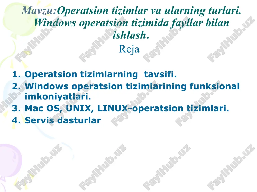 ing tashkil etuvchilari oddiy kiritish-chiqarishni ta’minlovchi dastur - bios. ot ni yuklovchi dastur - ipl murakkab kiritish-chiqarishni ta’minlovchi dastur - io.sys va ms dos.sys; buyruq prosessori, kiritilgan buyruqlarni qayta ishlovchi dastur - command.com. 6 mac os x operatsion tizimi macintosh firmasi kompyuterlar ishlab chiqarishni boshlagandan keyin, 1984 yildan boshlab apple firmasining mac os x operatsion tizimini ishlab chiqish boshlandi. mac os x macintoshning oldingi versiyalari barcha imkoniyatlarini o‘z ichiga olib, sifatli tasvir belgilari, elektron pochta, on-layn haridlar, optik disklarga yozish va kengaytirilgan multimedia imkoniyatlarini o‘z ichga oladi mac os x dasturining funksiyalari ish stol yangi qidiruv texnologiyasi gadjetlar deb atalgan ish stolidagi instrementlar paneli ichki tezkor veb-brauzer ota-ona nazorati mashina vaqti deb atalgan ishlab chiqilgan zaxira dasturi 3-d shaxsiy video va audio konferensiya spam xabarlarni bartaraf etuvchi filtr dasturi bluetooth smartfon boshqa mobil qurilmalar bilan ishlovchi kontaktlar ro‘yxati internetda muzika eshituvchi yoki video ko‘ruvchi quick time ning eng oxirgi versiyasi …