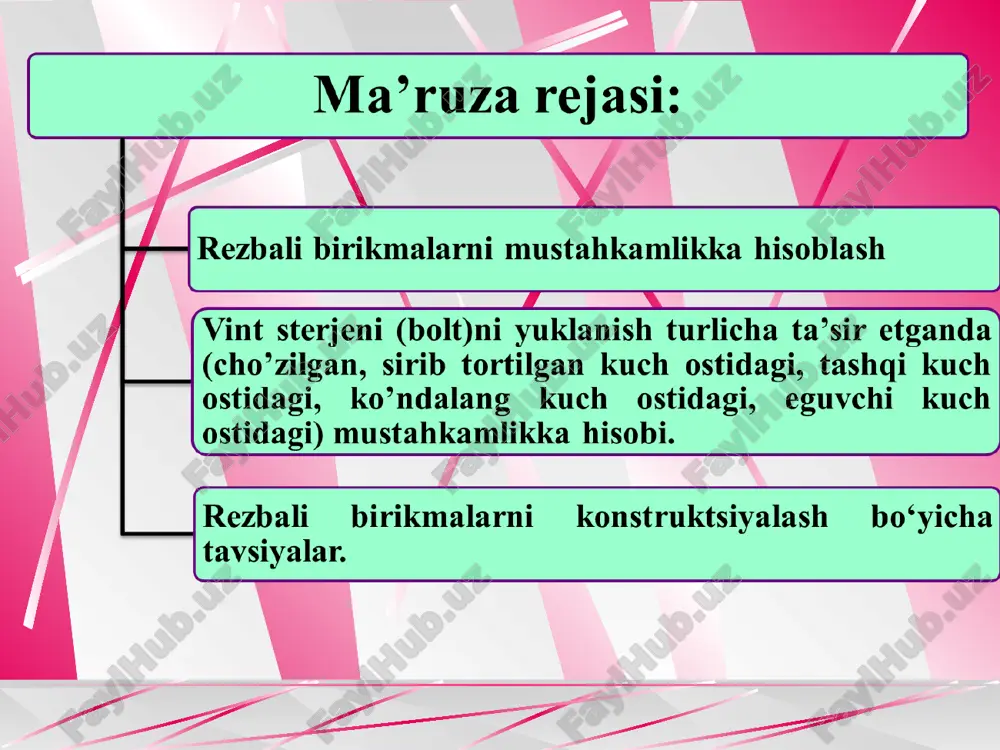 ir taranglovchi kuchdan hosil bo’ladigan cho’zuvchi kuchlanish va rezbalarda burovchi tr momentdan hosil bo’ladigan kesuvchi kuchlanish ta’siri seziladi. g'sir kuchdan hosil bo’ladigan cho’zilish kuchlanishi, tr burovchi momentdan hosil bo’lgan buralish kuchlanishi, boltning mustahkamligi ekvivalent kuchlanish bo’yicha aniqlanadi, hisoblashlar va amaliyotdan shu narsa ma’lumki, m10…m12 rezdan kichik boltlarni kam sirib tortish natijasidan ishdan chiqarish mumkin. masalan, m6 rezbali boltni kalitdagi kuch 45 n ga teng bo’lganda, m12 rezbali boltni esa kalitdagi kuch 180 n bo’lganda sirib tortib ishdan chiqarish mumkin. shuning uchun o’rta va og’ir mashinasozlikda kichik diametrli boltlarni qo’llash tavsiya etilmaydi (m8 dan kichik). sirib tortilgan, tashqaridan cho’zuvchi kuch ta’sir etadigan bolt mustahkamligi. 3-holat. yuklanish boltning o’qiga tik yo’nalishda ta’sir etadi. bunday hollarda boltni hisoblash uning qay tarzda o’rnatilganligiga bog’liq. bu turdagi boltli birikmada boltlar detaldagi teshikka tirqish bilan va tirqishsiz o’rnatilishi mumkin. bolt o’rnatiladigan teshiklarning diametri boltning diametridan kattaroq qilib tayyorlanadi. shuning uchun bolt o’rnatilganda uning sterjeni bilan detal …