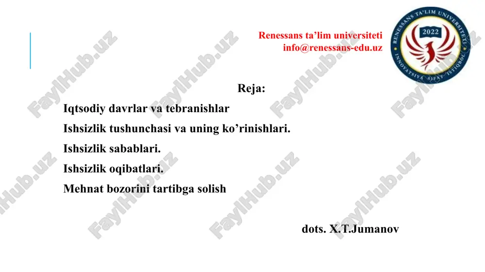 shsizlik, ishlab chiqarish, inflatsiya va aholi daromadlari darajalarining o’zgarishiga olib keladi. iqtisodiy sikllarning kuchli ta’siri uzoq muddatli foydalanish uchun tovarlarni ishlab chiqaradigan tarmoqlarda bilinadi. aksincha qisqa muddatli foydalanish uchun tovarlarni ishlab chiqaradigan tarmoqlarga iqtisodiy sikllarning ta’siri kuchsiz bo’ladi. 7 iqtisodiy faollik darajasining o’zgarishi o’z navbatida quyidagilarning o’zgarishiga olib keladi. ishsizlik darajasiga inflyatsiya darajasiga aholi daromadlari-ning darajasiga ishlab chiqarish hajmida ishsizlar – ishchi kuchining bir qismi bo’lib, ijtimoiy ishlab chiqarishda band bo’lmagan, lekin ishlashni xohlovchi va faol ish qidirayotgan aholidir. iqtisodiy davrlarning sabablari iqtisodiy faollikning o’zgarishi talabning strukturaviy o’zgarishi taklifning strukturaviy o’zgarishi ishsizlik ishsizlik – mamlakatda ishsizlarning ma’lum miqdorda mavjudligi ishchi kuchi – ishlayotgan va faol ish qidirayotgan mehnatga layo-qatli aholidir ishchi kuchi ish bilan bandlar ishsizlar mehnatga layokatli ishlayotgam aholi mehnatga layokatli, ishlamayotgan lekin faol ish qidirayotgan aholi bozor iqtisodiyoti sharoitida 100 % ish bilan bandligini ta’minlash mumkin emas. “to’la bandlik” tushunchasi ma’lum darajadagi ishsizlikning bo’lishiga yo’l qo’yadi va bu …
