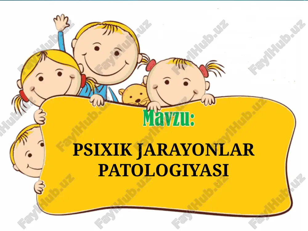 a’sir kabi qabul qilinishiga dizesteziya deb ataladi. paresteziyalar hech qanday tashqi ta’sirlarsiz tanada nina sanchgandek, uvishgandek, teri tortishgandek, badanda chumoli yurgandek kabi turli xil sezgilarning paydo bo’lishiga aytiladi. astereognoziya bemor ko’zini yumgan holda qo’liga qo’yilgan narsalarni paypaslab aytib bera olmaydi, ko’zi ochiq holatda esa ularni bemalol ayta oladi. idrok haqida umumiy tushuncha sezgi negizida idrok shakllanadi. sezgi bizni o’rab turgan muhitdagi narsa va hodisalarning ayrim xususiyatlarini aks ettirsa, idrok esa xilma-xil xossalarni tartibga solib, birlashtirib o ngimizda aks ettiradi, narsa va hodisalarning yaxlit obrazini yaratadi. idrok sezgiga qaraganda murakkabroq jarayondir. idrokning asosiy xususiyati uning yaxlitligidir. avvallari idrok qilingan obrazlarni ongimizda jonlantirish, ya’ni qayta tiklashga tasavvur deb ataladi. idrok buzulishlari idrokning buzilishi ayrim asab va ruhiy kasalliklarda kuzatiladi. bularga gallyutsinatsiyalar illuziyalar psixosensor buzilishlar gallyutsinatsiyalar aslida bemor oldida mavjud bo’lmagan obyekt va hodisalarni idrok qilishiga aytiladi. gallyusinasiyalar bosh miya po’stlog’ida inert qo’zg’alishning paydo bo’lishi va uning dominantlik vazifasini bajarib turishi bilan tushuntiriladi. …