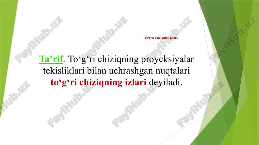 ‘ri chiziqlar deyiladi. parallel proyeksiyalarning xossasiga asosan parallel to‘g‘ri chiziqlarning bir nomli proyeksiyalari ham o‘zaro parallel bo‘ladi, ya’ni aiib bo‘lsa, u holda a′iib′, a″iib″, a″′iib″′ bo‘ladi. fazodagi umumiy vaziyatda joylashgan parallel to‘g‘ri chiziqlarning ikkita bir nomli proyeksiyalari o‘zaro parallel bo‘lsa, ularning uchinchi proyeksiyalari ham o‘zaro parallel bo‘ladi. bu goida o’zaro parallel bo’lmagan hususiy vaziyatdagi to’g’ri chiziglar uchun tadbiq etilmaydi. ikki to‘g‘ri chiziqning o‘zaro holati parallel to‘g‘ri chiziqlar agar ikki to ‘g ‘ri chiziq o’zaro parallel bo‘lsa ularning bir nomli proeksiyalari ham parallel bo ‘ladi. agar a ║ b, unda a1 ║b1 va a2 ║ b2. kesishuvchi to‘g‘ri chiziqlar ta’rif. agar ikki to‘g‘ri chiziq fazoda umumiy bir (xos) nuqtaga ega bo‘lsa, ularni kesishuvchi to‘g‘ri chiziqlar deyiladi. fazodagi to‘g‘ri chiziqlar kesishish nuqtasining proyeksiyasi shu to‘g‘ri chiziqlar proyeksiyalarining kesishish nuqtasida bo‘ladi. kesishuvchi to‘g‘ri chiziqlarning bir nomli proyeksiyalari ham chizmada o‘zaro kesishadi va kesishish nuqta proyeksiyalari bir proyeksion bog‘lovchi chiziqda bo‘ladi. fazoda umumiy vaziyatda …