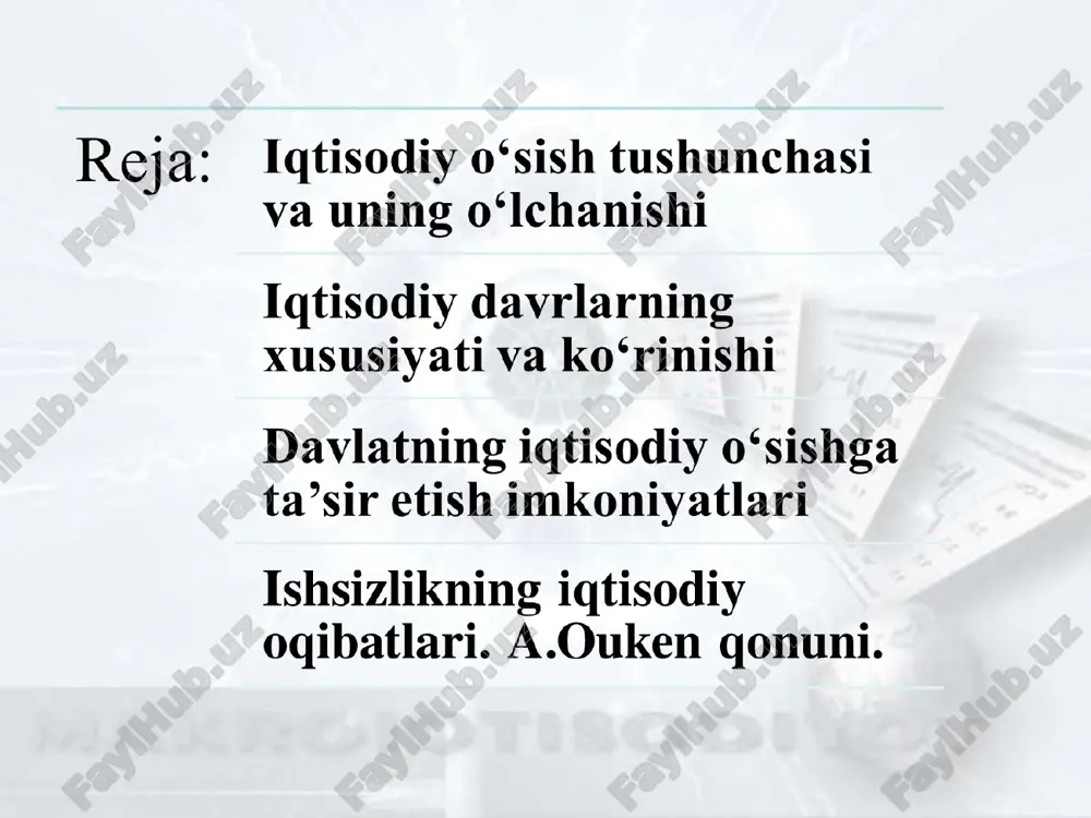 hlab chiqarishning kamayishiga olib keladi. talabning strukturaviy o‘zgarishi uning o‘sishiga olib keladi va ad egri chizig‘ini ad0 dan ad1 gacha suradi. bu esa narxlar va ishlab chiqarish xajmining o‘sishiga olib keladi. talabning kamayishiga olib keladigan uning strukturaviy o‘zgarishi ad egri chizig‘ini ad0 dan ad2 gacha suradi. bu narxlar va ishlab chiqarishning kamayishaga olib keladi. p as2 as0 ad as1 q p ad1 ad0 as ad2 q * iqtisodiy faollik o‘zgarishining sabablari va oqibatlari tashqi iqtisodiyotdan tashqari bo‘lgan xodisalar bilan bog‘liq. masalan, iqlimning o‘zgarishi, urushlar, davlat aralashuvi, yoqilg‘i resurslarga jaxon narxlarning o‘zgarishi, aholining dinamikasi, fantexnika kashfiyotlari. ichki akselerator va multiplikator samarasi hamda investitsiyalar va iste’mol o‘zgarishi bilan bog‘liq iqtisodiy davrlarning kuchli ta’siri uzoq muddatli foydalanish uchun tovarlarni ishlab chiqaradigan tarmoqlarda bilinadi. aksincha qisqa muddatli foydalanish uchun tovarlarni ishlab chiqaradigan tarmoqlarga iqtisodiy davrlarning ta’siri kuchsiz bo‘ladi. iqtisodiy faollik o‘zgarishining sabablari va oqibatlari. iqtisodiy davrlarning asosiy ijtimoiy-iqtisodiy oqibatlari. iqtisodiy faollik darajasining o‘zgarishi o‘z …