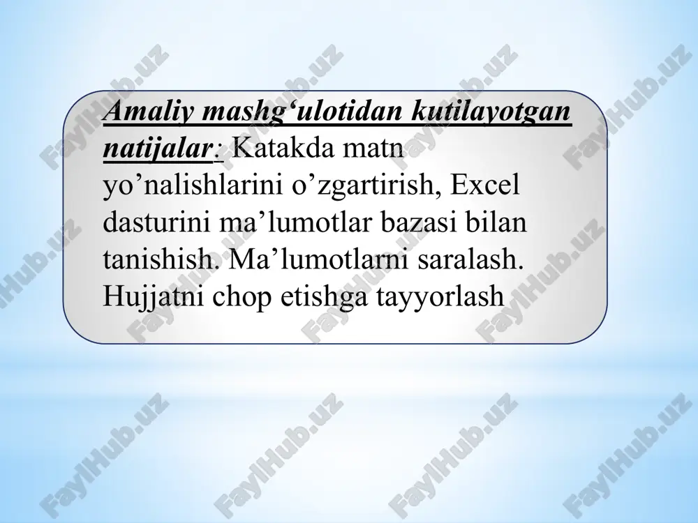 va hisoblashlar bajariladi. natijada ekranda quyidagi yakuniy jadval hosil bo’ladi. amaliy ishini bajarish uchun topshiriqlari 1. tashkilot bo’limlarining 2019 yil yanvar-iyun oylarida sarf qilingan xizmat safari harajatlarini hisoblang. bo’limlar bo’yicha 6 oy davomida o’rtacha hamda tashkilot bo’yicha har oyda sarf qilingan pul miqdorini aniqlang. pul miqdorlarini ixtiyoriy birlikda oling. bo’limlar sifatida shartli ravishda «marketing» «hisobxona», «reja-moliya» va «kadrlar» nomlari olinsin. 2. yanvar oyida korxona 2500000 so’mlik tovar sotgan. keyingi har bir oyda sotish hajmi 10% ga oshib borgan. har oyda tashkilot foydadan 28% soliq to’lagan. b ustunga yil davomida oyma-oy sotish hajmini, c ustunga esa har oyda soliq qaytarib tashlangan foydani hisoblang. c16 yacheykaga yil bo’yicha umumiy foydani toping. 3. jadvalni trigonometrik funksiyalar qiymatlari bilan to’ldiring. jadval asosida sinx va cosx funksiyalarning minimum qiymatini, tgx va ctgx funksiyalarning maksimum qiymatlarini toping. 4. vaqt va tezlikning har bir qiymati uchun bosib o’tilgan yo’lni hisoblang. tuzilgan jadval asosida butun yo’lning uzunligini, o’rtacha …