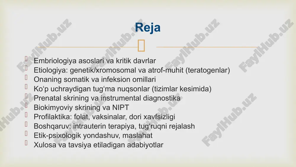 folat yetishmovchiligi muhim risk omili afp oshishi (maternal serum, 15–20 hf) – skrining belgisi profilaktika: konsepsiyadan oldin va 1-trimestrda foliy kislotasi neyral naychali nuqsonlar (ntd)  septal nuqsonlar: vsd/asd; pda konotrunkal nuqsonlar: fallo tetradasi, transpozitsiya prenatal eko (fetal ekokardiyografiya) diagnostikada muhim postnatal davr: sianoz, o‘sishdan qolish, shovqinlar yurak tug‘ma nuqsonlari  traxea–ezofageal fistula, atreziyalar duodenal/jejunal atreziyalar: poligidramnioz bilan bog‘liq bo‘lishi mumkin pilor stenoz: postnatal qusish, gidro-elektrolit buzilishi omfalosel/gastrosxizis: qorin devori nuqsonlari gastrointestinal (gi) nuqsonlar  lab va tanglay yoriqlari (labiopalatoshizis) yuz-jag‘ skeleti malformatsiyalari qarshi: folat, chekishni tashlash, retinoidlardan ehtiyot bo‘lish ko‘p tarmoqli jamoa: lor, stomatolog, jarroh, logoped kraniofasial nuqsonlar  kluboyoq (talipes equinovarus), rivojlanish displaziyasi (son) skelet displaziyalari (thanatoforik, achondroplaziya va b.) pozitsion deformatsiyalar vs haqiqiy malformatsiyalar ultratovushda suyak o‘lchovlari, uzunlik nomutanosibliklari muskuloskelet tizim nuqsonlari  gidronefroz, pyeloektaziya, renal ageneziya kriptorxizm, gipospadiya usgda pyez/amn miqdori, buyrak/siymik yo‘llar bahosi postnatal nefrologik kuzatuv va jarrohlik urogenital tizim nuqsonlari  fenilketonuriya (pku): dietoterapiya …