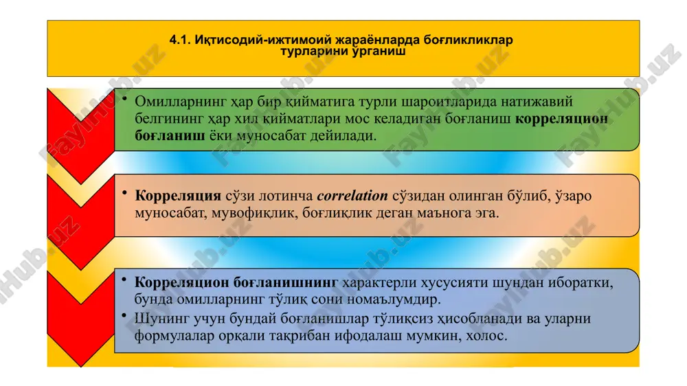 elyatsion bog'lanishlar to'g'ri chiziqli egri chiziqli omilli belgining qiy matini ortib borishi bilan natijaviy belgi ni qiymatini bir tekisda ortib (yoki kamayib) bori shi kuzatiladi (to'g'ri chiziq tenglamasi bilan ifodalanadi) omilli belgining qiyma tini ortib borishi bilan natijaviy belgini note kis ortishi (yoki kamayi shi) kuzatiladi. (egri chi ziq tenglamasi bilan ifo dalanadi) juft korrelyatsiya haqida tushuncha korrelyatsiya tahlili bu -tasodifiy miqdorlar o'rta sidagi bog'lanishlarni o'rganish ga bag'ishlangan matematik sta tistikaning bo'limi. kuzatish lardagi ma'lumotlar tasodifiy va bosh to'plamdan tanlangan, ko'p o'lchamli normal qonuni bo'yicha taqsimlangan deb hisob lash mumkin bo'lganida qo'llani ladi ekonometrik modelga kiritilgan belgilarni soniga qarab, korrelyatsion bog'lanishlar korrelyatsion bog'lanishlar bir omilli ko'p omilli bir belgi – omil va nati- javiy belgi o'rtasidagi bog'lanish (boshqa omillar ning ta'sirini abstrak tsiyalanganida) bir qancha belgilar – omil- lar va natijaviy belgi o'r tasidagi bog'lanish (omil larning harakati kompleks ta'sir o'tkazadi, ya'ni bir vaqtning o'zida va o'zoro bog' liqlikda) korrelyatsiya …