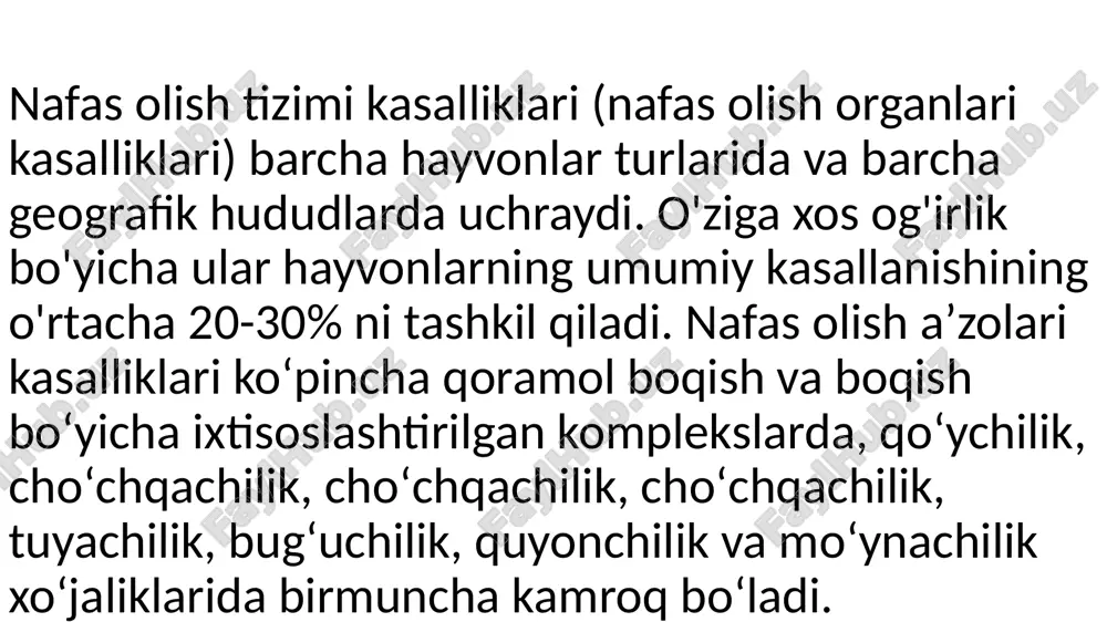 adasi (o'ng va chap tomonlarda har ikki kunda navbatma-navbat) o'zini isbotladi.antiallergik preparatlar orasida natriy tiosulfatning 30% eritmasini har kuni tomir ichiga yuborish ko'rsatiladi: yirik hayvonlar uchun - 400-500 ml dozada 5-6 kun ketma-ket, shuningdek og'iz orqali kuniga 3-4 marta suprastin yoki pipalfen 1,5-2 g.intoksikatsiya holatida glyukozaning insulin bilan 40% eritmasi, natriy xloridning 3-5% eritmasi va geksametilentetraminning 10% eritmasini terapevtik dozada tomir ichiga yuborish tavsiya etiladi. patogenetik terapiya sifatida yulduzsimon gangliyalarning bir tomonlama novokain blokadasi (o'ng va chap tomonlarda har ikki kunda navbatma-navbat) o'zini isbotladi.antiallergik preparatlar orasida natriy tiosulfatning 30% eritmasini har kuni tomir ichiga yuborish ko'rsatiladi: yirik hayvonlar uchun - 400-500 ml dozada 5-6 kun ketma-ket, shuningdek og'iz orqali kuniga 3-4 marta suprastin yoki pipalfen 1,5-2 g.intoksikatsiya holatida glyukozaning insulin bilan 40% eritmasi, natriy xloridning 3-5% eritmasi va geksametilentetraminning 10% eritmasini terapevtik dozada tomir ichiga yuborish tavsiya etiladi. bronxopnevmoniyabronxlar va o'pka lobullarining fokal, nonspesifik yallig'lanishi, kataral ekssudat hosil bo'lishi va …