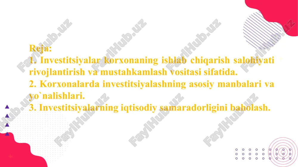 ga sarflanishi mumkin emas. 行业ppt模板http://www.1ppt.com/hangye/ moliyaviy investitsiyalar qimmatbaho qog’ozlar, aksiya va obligatsiyalar sotib olish, pul mablag’larini banklarga foiz olish maqsadida depozit hisob raqamlariga qo`yish bilan ifodalanadi. real investitsiyalar pul mablag’larini kapital qurilish, ishlab chiqarishni rivojlantirish va kengaytirishga kiritishni ifodalaydi. real investitsiyalar korxona, tarmoq va butun xalq xo`jaligining kuch-quvvatini belgilab beradi. investitsiyalar avvaldan o`ylab ko`rilgan maqsad va birinchi o`rinda investitsion loyiha asosida korxona ishlab chiqarish potentsialini mustahqamlash va rivojlantirish vazifasini bajaradi. investitsiya loyihasi kapitalni korxonani uning ishlab chiqarish quvvati va boshqa sifat ko`rsatkichlarini kuchaytirish maqsadida rivojlantirish va kengaytirishga kiritishni rejalashtirish va amalga oshirish bo`yicha chora-tadbirlar majmuasidir. investitsiya loyihasini tayyorlash va amalga oshirish quyidagilarni o`z ichiga oladi: * investitsiyaviy g’oya(fikr)ni shakllantirish; * g’oyaning dastlabki asoslanishi; * loyihada ko`zda tutilgan texnik qarorning tahlili; * sertifikat talablarining bajarilishini tekshirish; * investitsiya loyihasi bo`yicha davlat boshqaruv idoralari bilan kelishuv yuzaga keltirish; * axborot memorandumini tayyorlash. yuqorida ko`rsatilganlarni amalga oshirgandan so`ng loyihani ishlab chiqish va texnik-iqtisodiy …