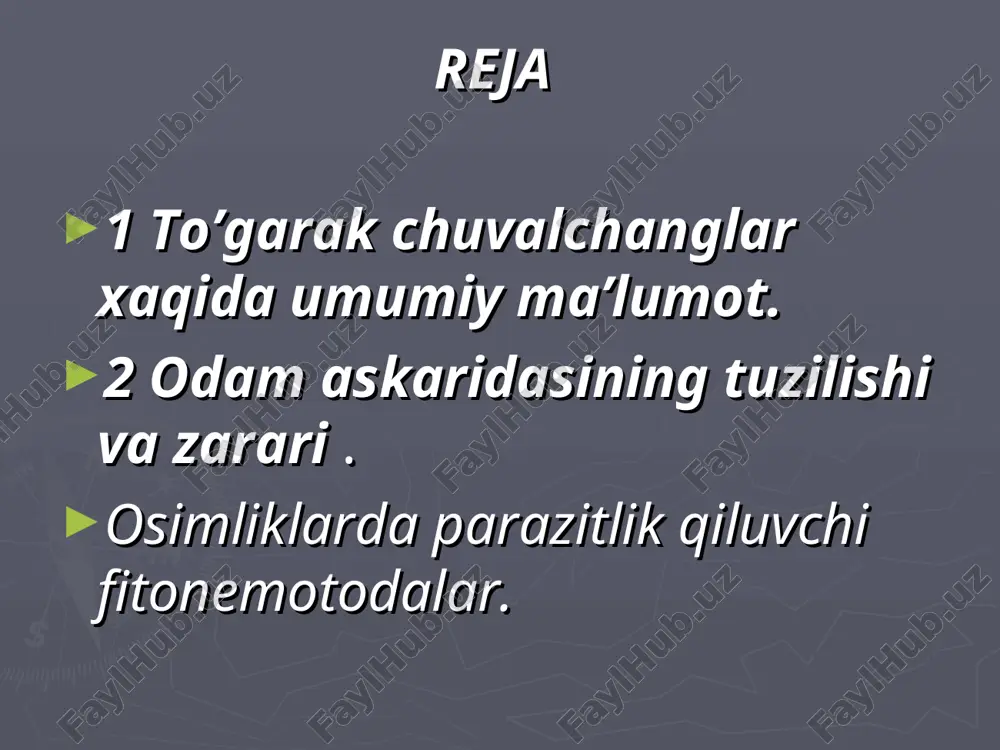 tgan xolda hamma vaqt ham orqa va qorin yuzasi bo‘ylab egilishi, bukilishi, suv tubida, tuproq qatlamlarida, hayvonlarning ichagida, to‘qimalarida, o‘simliklar hujayrasida xarakatlanishi mumkin. ko‘pchilik olimlar nematodalar sinfini mustaqil ikkita kenja sinfga: adenoforea va seernentlarga bo‘ladilar. birinchi kenja sinfining ko‘pchilik vakillari asosan dengiz va okeanlarning tubida bentos xolda yashovchi organizmlardir, shunigdek ular qisman tuproqda va chuchuk suv xavzalarida ham uchraydi. ikkinchi kenja sinfning vakillari yuqoridagilarga qarama-qarshi o‘laroq, o‘simliklar bilan hayvondlar organi va to‘qimalarida parazitlik qilib yashovchi turlardir. bu ikki kenja sinfning vakillari sezgi organlarning tuzilishi va ayrish sistemasi bilan bir-biridan farq qiladi. odam askaridasining tashqi tuzilishi. kartoshka nemotodasi kartoshka tugunagida parazitlik qilib, hosildorlikni kamayishiga sabab boladi. bug’doy nemotodasi bug’doy nematodasi