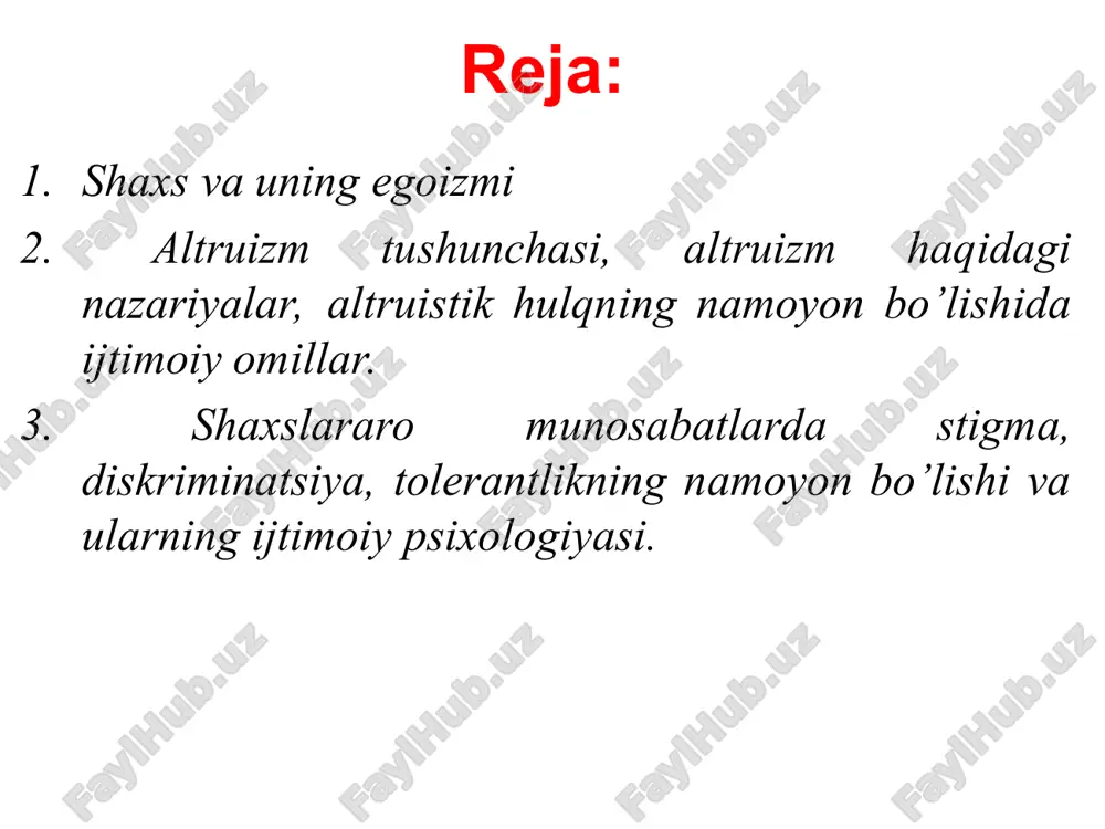 vorligidir. bunda inson asosan to‘q va farovon hayotga intiladi, boy-badavlat yashashni xohlaydi va bundan lazzat oladi. egosentrizm — lotincha «ego» — men va «centrum» — doira markazi so‘zlaridan olingan bo‘lib, insonning o‘z fikr o‘ylari, manfaatlari doirasida qotib qolganligi, buning oqibatida atrof-muhitga va odamlarga oid bilimlarini hamda o'zgalarga munosabatini o‘zgartira olmasligini bildiradi. altruizm hech qanday mafaatni kutmagan holda boshqalarga yordam berish. (uning asosida hech qanday mafaat kutmasligi turadi) altruizm motivini tushuntirishda 2 xil nazariya mavjud. biologik nuqtayi nazar sotsiologik nuqtayi nazar sotsiologik(ijtimoiy) altruizm manfaat kutgan beg’azar niqobli egoizm o’zaro ijt almashinuv empatiya ijtimoiy normativ muloqotning kommunikativ tomoni deyilganda, uning shaxslararo axborotlar, bilimlar, g‘oyalar, fikrlar almashinuvi jarayoni sifatidagi vazifalari nazarda tutiladi. bu jarayonning asosiy vositasi bo‘lib til xizmat qiladi. til shaxslar o‘rtasida aloqa vositasi bo‘lib, uning yordamida kishilar bilgan ma’lumotlari, axborotlar, g‘oyalar va hokazolarni bir-birlariga yetkazadilar. og`zaki nutqning asosan ikki turi farqlanadi yozma dialogik nutqning mazmuni, uning xarakteri, davomiyligi muloqotga kirishgan shaxslarning …