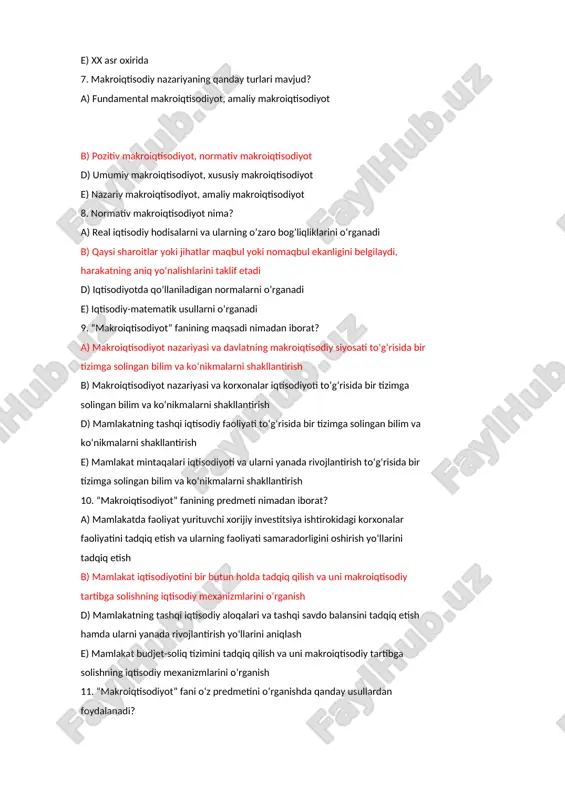 aqsadi nimadan iborat? a) makroiqtisodiyot nazariyasi va davlatning makroiqtisodiy siyosati to‘g‘risida bir tizimga solingan bilim va ko‘nikmalarni shakllantirish b) makroiqtisodiyot nazariyasi va korxonalar iqtisodiyoti to‘g‘risida bir tizimga solingan bilim va ko‘nikmalarni shakllantirish d) mamlakatning tashqi iqtisodiy faoliyati to‘g‘risida bir tizimga solingan bilim va ko‘nikmalarni shakllantirish e) mamlakat mintaqalari iqtisodiyoti va ularni yanada rivojlantirish to‘g‘risida bir tizimga solingan bilim va ko‘nikmalarni shakllantirish 10. “makroiqtisodiyot” fanining predmeti nimadan iborat? a) mamlakatda faoliyat yurituvchi xorijiy investitsiya ishtirokidagi korxonalar faoliyatini tadqiq etish va ularning faoliyati samaradorligini oshirish yo‘llarini tadqiq etish b) mamlakat iqtisodiyotini bir butun holda tadqiq qilish va uni makroiqtisodiy tartibga solishning iqtisodiy mexanizmlarini o‘rganish d) mamlakatning tashqi iqtisodiy aloqalari va tashqi savdo balansini tadqiq etish hamda ularni yanada rivojlantirish yo‘llarini aniqlash e) mamlakat budjet-soliq tizimini tadqiq qilish va uni makroiqtisodiy tartibga solishning iqtisodiy mexanizmlarini o‘rganish 11. “makroiqtisodiyot” fani o‘z predmetini o‘rganishda qanday usullardan foydalanadi? a) eksperiment, swot tahlil, zanjirli bog‘lanish, hisob-konstruktiv, iqtisodiymatematik, …