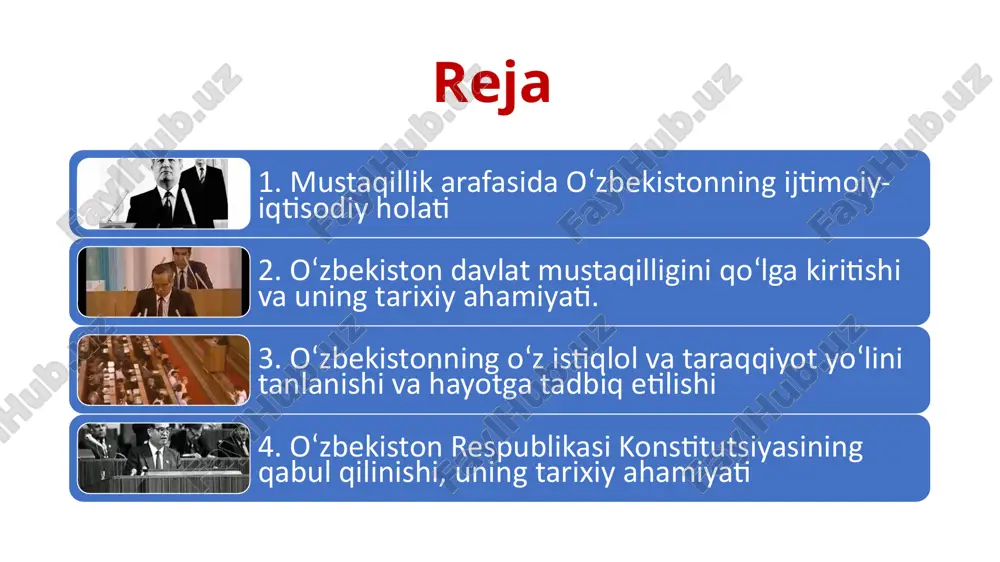 sida"gi o‘zssr qonuni, 1991 yil 25 oktyabrda qabul qilingan vazirlar mahkamasining "o‘zbekiston respublikasining ichki ishlar vazirligi to‘g‘risida"gi qarorlari muhim ahamiyat kasb etdi. 1991 yil 15 fevralda o‘zbekiston oliy kengashi «o‘zbekistonning davlat ramzlari to‘g‘risida» maxsus qaror qabul qildi. o‘zbekiston prezidentining 1991 yil 25 avgustdagi farmoniga binoan respublika ichki ishlar vazirligi va davlat xavfsizligi qo‘mitasi qonuniy ravishda o‘zbekiston respublikasi tasarrufiga olindi. respublika hududida joylashgan sssr ichki ishlar vazirligining ichki qo‘shinlari bevosita o‘zbekiston prezidentiga bo‘ysundirildi. o’zbekiston ssrda prezidentlik institutining joriy etilishi (1990 yil 24-mart) “mustaqillik deklaratsiyasi” ning qabul qilinishi 1990 yil 20-iyun 1990-1991-yillar davomida… 1991 yil fevral - mart oylarida ittifoq shartnomasi loyihasi ustida ishlashning ikkinchi bosqichi bo‘lib o‘tdi. unda boltiqbo‘yi respublikalari, gruziya, armaniston, moldova vakillari qatnashmadi, ozarbayjon kuzatuvchi bo‘lib qatnashdi. bu bosqichda ittifoq bilan respublikalar vakolatlarini farqlab qo‘yishga harakat qilindi. 1991 yil aprelda kiyevda ukraina, rossiya, belarus, o‘zbekiston, qozog‘iston respublikalari rahbarlarining uchrashuvi bo‘ldi. uchrashuvda mustaqil respublikalar manfaatlariga mos keladigan ittifoq shartnomasini tuzishga …