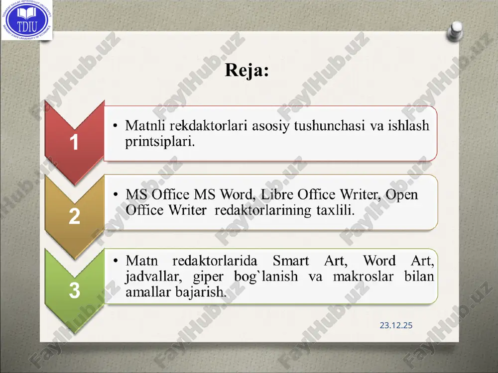 a o’zgartirishlarni bajaramiz. biror matnni qidirish, o’zgartirish, nusxa olish saqlash vazifalarini bajarishimiz mumkin. * shrift qalinligi, kursivligi, tagiga chizilganligi, ustiga chiziq, indeksga va kvadratiga yozish, shriftga rang va fon berish, xarflarlarni kattalashtirish va kichiklashtirish * * * bufer almashishdan foydalanish * * so`rovnomani ishga tushirish so’rov-noma belgisi * * klaviatura yordamida fayl bo`yicha harakatlanish * vstavka - menyusi ushbu menyu orqali hujjatga jadval, rasm geometrik figura, smartart, diagramma, giperssilka, kolontitul, wordart, formula, klaviaturada yo’q simvol, sahifalarga raqam va boshqa ko’plab vazifalarni bajarishimiz mumkin. * tablitsa yordamida jadval qo’yish geometrik figura qoyish diagramma hosil qilish * giperssilka yordamida bog’lanish nadpis yordamida matnlar kiritish * sahifaga raqam qo’yish wordart orqali yozuvlar stilini tanlash * simvoldan foydalanish * kolontituldan foydalanish. * asboblar panelidan ushbu piktogrammani bosishimiz bilan matematik formulalardan foydalanish oynasi ishga tushadi - tayyor formulalar shabloni. * * razmetka stranitsi menyusi ushbu menyudan sahifani chetkka o’lchamlari, sahifa foni, shrift orasidagi interval, kolonka, …