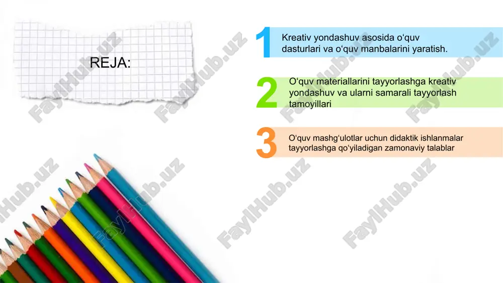iflik o`quv dasturlarini ishlab chiqishda pedagog erkin,mustaqil ravisha o`zining kreativlik layoqatini to`la namoyon etish imkoniyatiga ega. odatda mualliflik o`quv dasturlarida talabalarning erkin tanlovi bo`yicha(majburiy yoki maxsus)kurslar tashkil etishda,to`garaklar, ilmiy jamiyatlar, “fan klublari”,texnik va badiiy ijodiyot markazlari faoliyatida samarali qo`llaniladi. ta`lim mazmuni vao`quv dasturlari ,o`quv adabiyotlarida loyihalashtiriladi. talabalarning ehtiyojini qondirishi hamda qiziqishini oshira olishi; darslikda bayon etilayotgan o`quv axborotlari lo`nda,tushunarlivavizual bo’lishi; o’quvchilarning estetik ehtiyojlariga mos bo’lishi kerak; ta’lim mazmuniga qo’yiladigan barcha talablarga javob bera olishi; g’oyaviy va metodik jihatdan mukammal bo`lgan darslik quyidagicha bo’ladi: allppt layout clean text slide for your presentation shaxsda kreativ fikrlash ko`nikmalarini rivojlantirish uchun,eng avvalo, ularda tanqidiy fikrlash malakalarini shakllantirish talab etiladi.(ken robinson(2011y.) ta`kidlaganidek,kreativlik talabalarda“nafaqat yangi g’oyalarni ilgari surishini taqozoetishi,balki o`quv masalalari bo`yicha qarorlar qabul qilish,tahlil etish ko`nikmalarini ham shakllantira olishi lozim.kreativlik jarayoni boshlang’ich g’oyalarni ishlab chiqish,ularni tadqiq va tahlil etish, zarur bo’lsa ulardan voz kechishni ham o’z ichiga oladi. demak,pedagoglarning o`quv dasturlari va o`quv manbalarini yaratishga …