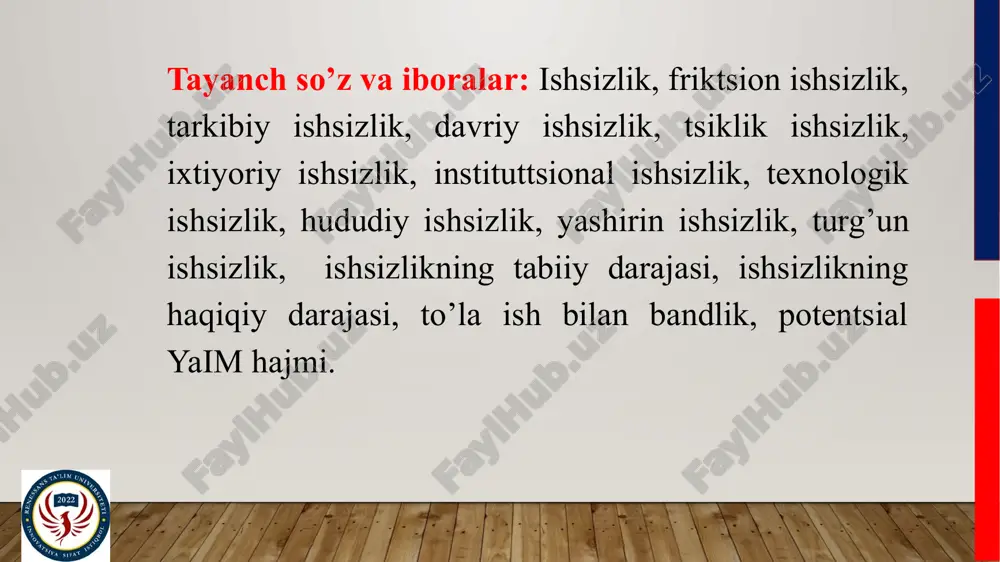 tabiiy ishsizlikning navbatdagi turi hisoblanadi. ishsizlik bu turini mehnat bozori infratuzilmasi amal qilishi hamda shu bozorda talab va taklifni o’zgartiruvchi omillar keltirib chiqaradi. texnologik ishsizlik ishlab chiqarishning amal qilishida texnologik usullar bir-birining o’rniga kirib kelishi bilan birga boradi. ularning ichida asosiylari mexanizatsiya, avtomatlashtirish, robotlashtirish va informatsion texnologiyani qo’llash hisoblanadi. hududiy ishsizlik tarixiy, demografik, madaniy, milliy va ijtimoiy – psixologik xarakterdagi bir qator kompleks omillagar bilan bog’liq. yashirin ishsizlik uchun ish kuni yoki ish haftasi davomida to’liq band bo’lmaslik xarakterli. u o’z ichiga ishchi kuchining ishlarining to’liq hajmini bajarmaydigan bir qismini oladi. turg’un ishsizlik mehnatga layoqatli aholining ish joyini yo’qotgan, ishsizlik bo’yicha nafaqa olish huquqidan mahrum bo’lgan va faol mehnat faoliyatiga hech qanday qiziqishi bo’lmagan qismini qamrab oladi. ishsizlikning tabiiy darajasi friktsion va tarkibiy ishsizlik darajalari birgalikda ishsizlikning tabiiy darajasini ifodalaydi. ishsizlikning tabiiy darajasi – bu shunday holatki, unda ishsizlar soni bilan bo’sh ishchi o’rinlari bir-biriga mos keladi. ishsizlikning to’liq yoki …