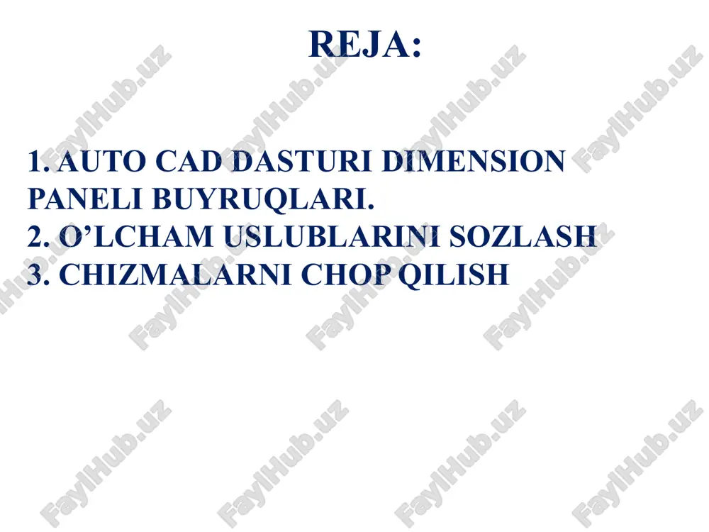 6 7 8 8. bu buyruq chiziqlar orasidagi barcha chiziqlar orasidagi o’lchamni aks ettirish uchun ishlatiladi. buyruqni tanlab chiziqlar tanlanadi, enter va ma’lum masofaga qo’yiladi. qdim-klaviaturadan dimension paneli ordinate buyrug’i 1. 2. 3. 7 8 11. bu buyruq ishchi oynada ko’rsatilgan nuqtani koordinasini aniqlaydi. x va y o’qlar bo’yicha. 11. dimension paneli baseline buyrug’i 1. 2. 3. 7 8 12. bu buyruq chizmada bazaviy nuqta bo’yicha qolgan o’lchamlarni aniqlaydi. 11. 12. 13. dimension paneli continue buyrug’i 1. 2. 3. 7 8 13. bu buyruq chizmada parallel chiziqlarni ketma-ket o’lchamlarini aniqlaydi. boshlang’ich o’lcham asosida davomettiriladi. 11. 12. 13. dimension style (d-probel) lines symbols and arrows text primary units chizmalarni chop qilish auto cad dasturida chizmalarni chop qilish uchun (ctrl+p) tugmalari bosiladi. 1. window buyrug’i orqali chop qilinadigan soha ko’rsatiladi. 2. chizmani qog’ozda joylashishi ko’rsatiladi. 3. oynadan qog’oz o’lchami tanlanadi. 4. qog’ozda to’liq yoki to’liqmas joylashishi ko’rsatiladi. 5. printer tanlanadi yoki rasm …