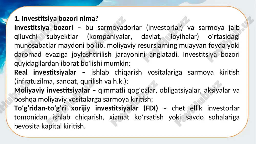 ik ko‘rsatkichlar: sarmoyalar hajmi, ularning yillik o‘sishi, yangi ochilgan korxonalar soni, soliq tushumlari. 4. misol sifatida o‘zbekiston yoki boshqa mintaqaning baholanishi: masalan, o‘zbekistonning investitsion jozibadorligi quyidagi omillar bilan belgilanadi: yaxshilanayotgan soliq siyosati va soddalashtirilgan biznes yuritish tartibi; erkin iqtisodiy zonalar va ular orqali taqdim etilayotgan imtiyozlar; transport-logistika infratuzilmasi rivojlanayotgani (masalan, toshkent – xitoy – yevropa yo‘nalishlari); demografik ustunlik – yosh va ishchi kuchi ko‘p bo‘lgan aholining mavjudligi. toshkent viloyati investitsion jozibadorligi — raqamlar tahlili ko‘rsatkichlar ma’lumotlar (2023-2024 yillarda) izohlar aholi soni ~2,9 million kishi o‘zbekistonning eng ko‘p aholiga ega viloyatlaridan biri yaim (mahalliy daromad) ~50 trillion so‘m (~4,5 mlrd usd) viloyat iqtisodiyotining yillik hajmi sanoat mahsulotlari ishlab chiqarish ~15 trillion so‘m kimyo, mashinasozlik, oziq-ovqat sanoati yetakchi tarmoqlar qishloq xo‘jaligi mahsulotlari hajmi ~8 trillion so‘m paxta, g‘alla, meva-sabzavot yetishtirish investitsiyalar hajmi ~8 trillion so‘m yillik investitsiya kiritilishi, 2023 yilda 10% o‘sish kuzatilgan erkin iqtisodiy zonalardagi investitsiyalar ~1,5 trillion so‘m soliq va …