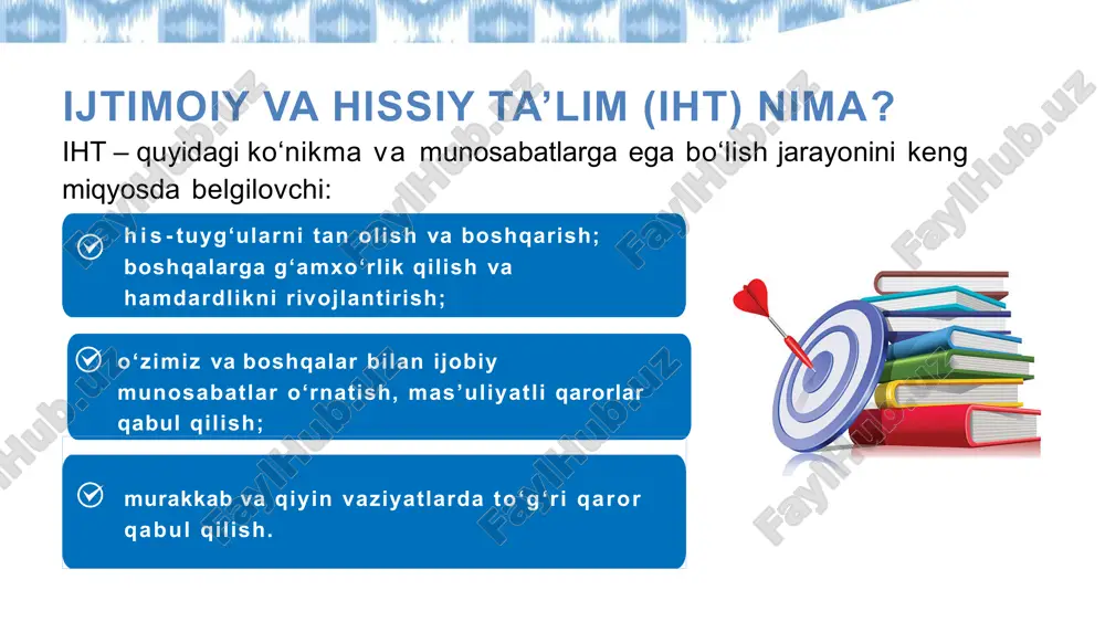 ojlantirish uchun to‘rtta vosita: muammo qo‘yish muammolarni o‘rganish uchun yangi savollar yarata olasizmi? mulohazali shubhalanish (reflektiv skeptitsizm) o‘z e’tiqodlaringiz haqida fikr yuritayotganda ma’lumotga qanday savol berasiz? ko‘p nuqtai nazar turli nuqtai nazarlarni ko‘rib chiqa olasizmi? tizimli fikrlash murakkab tizimlar haqida qanday fikrdasiz? rahmdillik harakatlarini tan oling o‘zingizga, boshqalarga va atrof-muhitga mehribonlik rahm- shafqat ko‘rsating o‘zgarishlar tayyor bo'ling ogohlik rahmdillik diqqat va e’tiborni oshiring hissiyotlarni tartibga solish tuyg‘ularni nomlang va tan oling. boshqalarning his-tuyg‘usini tushuning. ijtimoiy aloqani rivojlantiring surishtiruv dalillarga asoslangan mantiq ratsionallikning yuragi sifatida o‘ziga shubha va intellektual chidamlilikni rivojlantiring hamdardlik tanqidiy so‘rov 4 ko‘nikma xulosasi 9 o‘quvchilarning ruhiy-ijtimoiy holati o‘qituvchilarning ruhiy-ijtimoiy holati yuksak ijtimoiy va hissiy ko‘nikmalarga ega bo‘lgan o‘qituvchilar o‘quvchilar bilan ijobiy munosabatlar o‘rnatadi, sinfda sog‘lom va iliq muhit yaratadi. bunday o‘qituvchilar dars jarayonida tartib-intizom muammolariga kamroq duch keladi, o‘quvchilarning o‘qishga bo‘lgan qiziqishi va faol ishtiroki yuqori bo‘ladi hamda ularning ruhiy salomatligi mustahkamlanadi. o‘quvchilar uchun ijtimoiy hissiy ta‘limning …