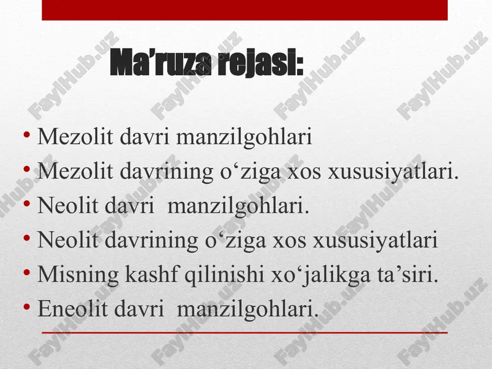 yi amudaryo va kashkadaryo, zaravshon vohasi matriarxat davrini gullab yashnashi xunarmandchilikni paydo bo'lishi kulolchilik loy sopol idishlarni tayyorlanishi to'kuvchilik toshga yangi ishlov berish o'troq hayotga o'tish doimiy uy joylar qurilish dehqonchilikni rivojlanishi tekislash, aralash, yo'nish ishlab chikarish kuchlarining rivoji neolit davri moddiy madaniyati va xo‘jaligi o‘rta osiyoning janubida neolit davri mil. avv. vi mingyillikda bosh­langan. neolit tosh asrining so‘nggi bosqichi hisoblanadi. bu davrda odamlar turli tabiiy sharoitga moslasha boshlaganlar va shundan kelib chiqib, turli geografik hududlardagi tegishli uy-joylar, mehnat qurollari va xo‘jaliklar ham har xil shaklda rivojlanib borgan. o‘rta osiyoning issiq iqlimli janubiy o‘lkalarida yashagan kishilar dehqonchilik, chorvachilik va uy hunarmandchiligi shakllari bilan mashg‘ul bo‘lganlar. shimoliy-sharqiy o‘lkalarda yashovchi aholi, (tog‘lar, tog‘oldi va dashtlar) tabiiy sharoiti tufayli, avvalgidek, asosan o‘zlashtiruvchi xo‘jalik bilan shug‘ullanib, moddiy madaniyat jihatdan orqada qolib ketgan. bunga xo‘jaliklar va moddiy madaniyatning notekis rivojlanishi sabab bo‘lgan. janubiy turkmaniston aholisi 8-7 ming yil avval dehqonchilikning dastlabki shakllari bilan shug‘ullana boshlaganlar. …