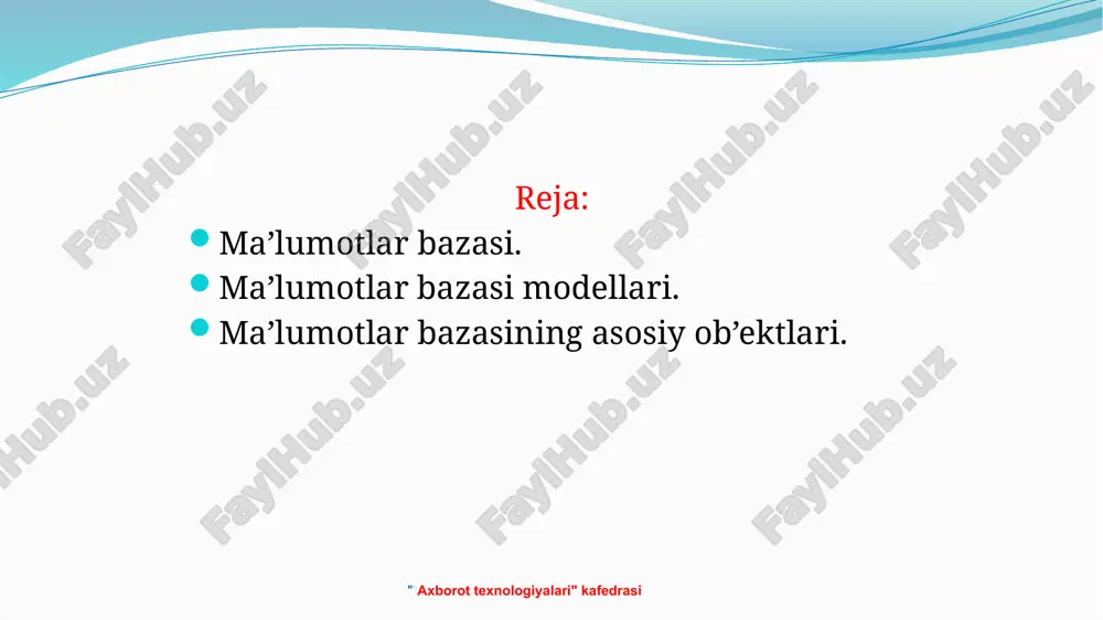 ldirib harakat va tovush effektlariga ega bo’lgan axborotlardir. "axborot texnologiyalari" kafedrasi mb ni boshqarishda keng miqyosda ishlatilishi quyidagi faktorlar bilan aniqlangan: operativligi (ma’lumotlarga tez va operativ kirish imkoniyati bilan); qulayligi (istalgan talabga javob ola olishligi, ma’lumotlarni takomillashtirish va o’zgartiruvchi effektiv usullarning mavjudligi); himoyalanganligi va yaxlitligi (ma’lumotlarga ruxsatsiz kirish mumkin emasligi hamda kompyuter texnik vositalarining nosozligidan himoyalanganligi). ma’lumotlar bazasi modellari "axborot texnologiyalari" kafedrasi relyastion modelgacha relyastion model relyastion modeldan keyin. ma’lumotlarning ierarxik modellari "axborot texnologiyalari" kafedrasi ma’lumotlarning to’r (tarmoqlangan) modellari. "axborot texnologiyalari" kafedrasi ma’lumotlarning relyastion modellari. ierarxik va tarmoqli modellarning kamchiliklarini bartaraf etish ustida izlanishlar olib borildi. natijada, 1970 yil ibm firmasining xodimi e.f. kodd tomonidan munosabatlarning matematik nazariyasi asosida relyastion model g’oyasi ishlab chiqildi va u hozirgi paytda eng ko’p tarqalgan model hisoblanadi. relyastion (lotin tilidagi relatio-munosabat so’zidan olingan) modelda ma’lumotlarni saqlash, uni tashkil etuvchi qismlari orasidagi munosabatlarga asoslangan. ma’lumotlarning jadval ko’rinishida berilishi ma’lumotlarning relyastion modeli deyiladi. ma’lumotlarning relyastion modeli …