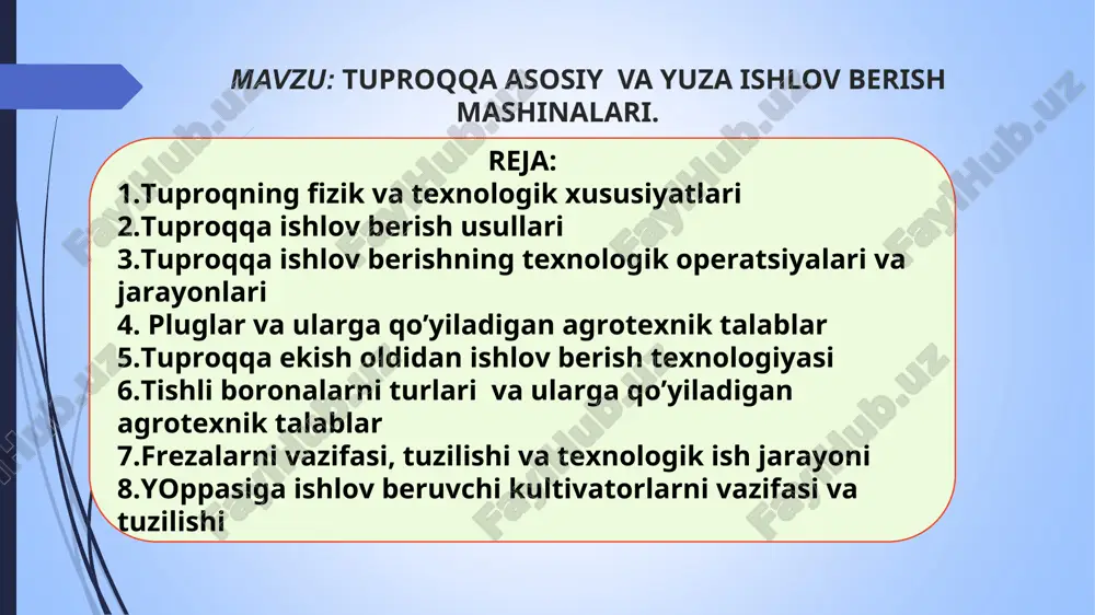qoldiqlarini ko’mish chuqurligi kamida 10 sm; 3.shudgorda o’lchami 50 mmdan kichik fraktsiyalar miqdori, kamida 75%; 4.shudgor yuzasidagi notekisliklarning o’rtacha balandligi ko’pi bilan 5 sm bo’lishi kerak. tuproq qatlamini ag’darib haydash usullari va mashinalari tuproq qatlamini qiya (oddiy) ag’darish tuproq qatlamini qiya (madaniy) ag’darish tuproq qatlamini to’liq ag’darish a b a b tuproq qatlamini ag’darishdan oldingi (a) va keyingi (b) holati b a tuproq qatlamini ag’darmasdan haydash usullari va mashinalari 1- rama; 2-rostlash g’ildiragi; 1-rama; 2-rostlash g’ildiragi; 1-rama; 2-o’g’it idishi; 3-ag’dargich; 4-o’rnatish qurilmasi 3-g’ildirak; 4-lemex a b 2.plugning umumiy tuzilishi va asosiy korpusining turlari plugning asosiy qismlari va ularni rostlash o’lchamlari: 1-rama; 2-chimqirqar; 3- diskli pichoq pluglarning turlari pluglar: - vazifasiga qarab – umumiy ishlarni bajaradigan (oddiy, chimqirqarli, chuqurlatgichli, yarusli) va maxsus (botqoq, toshli, yangi ochilgan, erroziyaga uchraydigan yerlarni haydashda ishlatiladigan); - traktorga biriktirilishiga qarab - osma, tirkama va yarim osma; - korpuslar soniga qarab: - 1,2, 3 va h. korpusli …