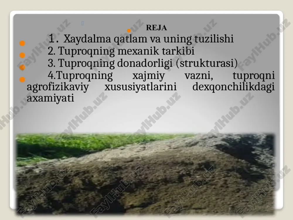 ddalar ko‘p, ammo suv o‘tkazuvchanligi past, nokapillyarlik yuqori bo‘lib, namlikni uzoq ushlab turadi. mexanik tarkib, 100 % qum, 0-10 % qumloq, 10-20 % yengil qumloq 20-30 % yengil soz 60-70 % og’ir qumoq, 45-60 % o’rta qumoq, 30-45 % o’rta soz 70-80 % og’ir soz 1-80 % mexanik tarkib sinflari. (s.n. rijov) mexanik tarkib sinflari. (s.n. rijov) tuproq strukturasi va uni yaxshilash usullari. mayda chang zarrachalarini bir - biri bilan yopishib, har xil kattallikdagi agregatlar (kesaklar) hosil qilishi tuproq strukturasi deyiladi. struktura hosil bo‘lishida organik modda elimlovchi vazifasini o‘taydi. chirindi qancha ko‘p bo‘lsa tuproq strukturasi shuncha yaxshi bo‘ladi. tuproq strukturasini saqlashda erga ishlov berish sonini kamaytirish ham alohida o‘rin tutadi. agronomiya nuqtai nazaridan qaraganda esa, suvda yuvilib ketmaydigan, ya’ni mustahkam bo’lgan kesakchalargina eng yaxshi hisoblanadi. bunday kesakchalar suvga chidamli, ulardan tashkil topgan tuproq esa mustahkam strukturali tuproq deyiladi. strukturasiz tuproqlar suv ta’sirida oson uvalanib ketadigan kesakchalardan tuzilgan bo’ladi. strukturali mega …