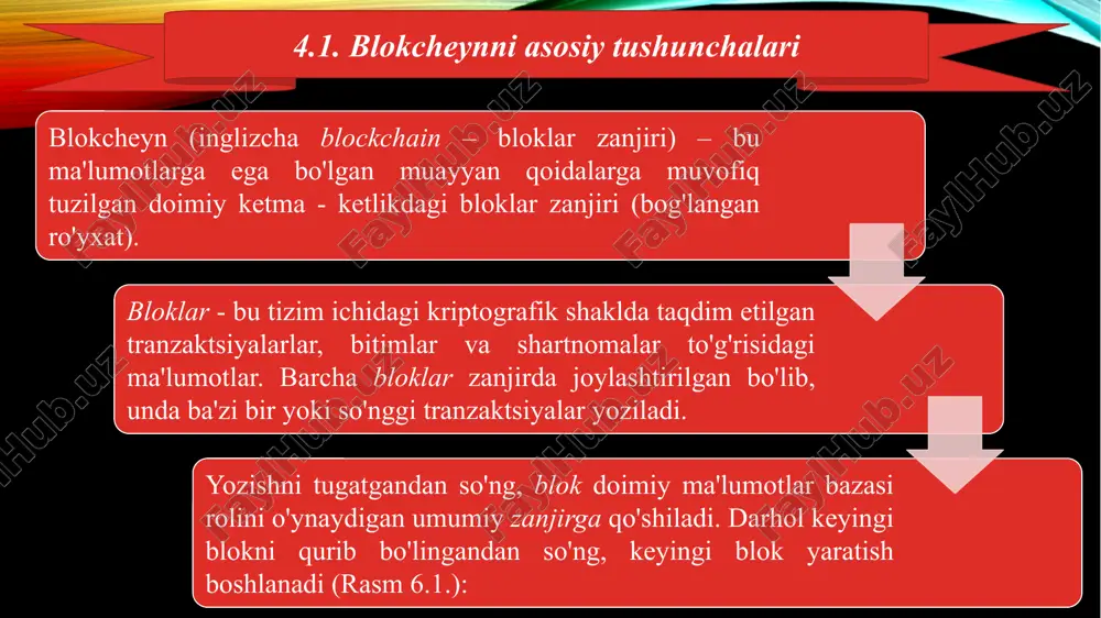 tografiya protokollaridan foydalangan holda, shuningdek bank ma’lumotlarini uzatish tarmoqlarida yoziladi. blok zanjirini shakllantirishda faqat ishonchli ma’lumotlarga ega bloklar unga kirishlari mumkin. shunga ko’ra, zanjirning mavjud bo’lgan har qanday blokida ommaviy mavjud bo’lgan ma’lumotlarni soxtalashtirish yoki almashtirish mumkin emas. a) server tuzilishi b) tengdoshlar tarmog’i 6.3-rasm. tarmoq tuzilishi blokcheyn turlari agar blokcheyn faqat bitta kompyuterda saqlangan bo’lsa va u to’satdan o’chirilgan bo’lsa, unda bu muammo tug’diradi. aslida, blokcheynning hozirgi holati yuklab olinadi, sinxronlashtiriladi va dunyodagi ko’plab kompyuterlar tomonidan ta’minlanadi. ushbu kompyuterlar "tugunlar" yoki "nodlar" deb nomlanadi va blokcheyn xavfsiz va zamonaviy bo’lishini ta’minlash uchun ular tengdosh tarmog’ida birgalikda ishlaydi. tengdosh tarmog’i- ham "peer-to-peer" (p2p) tarmog’i deb ataladi, bu unga birlashtirilgan barcha kompyuterlar bir xil huquqlarga ega va asosiy (markaziy boshqarish) server yo’q. blockcheyn turlari ommaviy blokcheyn (public blockchain) - ochiq va to’ldirilgan ma’lumotlar bazasi. ushbu turdagi blokcheyn bitcoin kripotovalyutada qo’llaniladi. har bir ishtirokchi ma’lumotlarni yozishi va o’qishi mumkin. xususiy blokcheyn (private …
