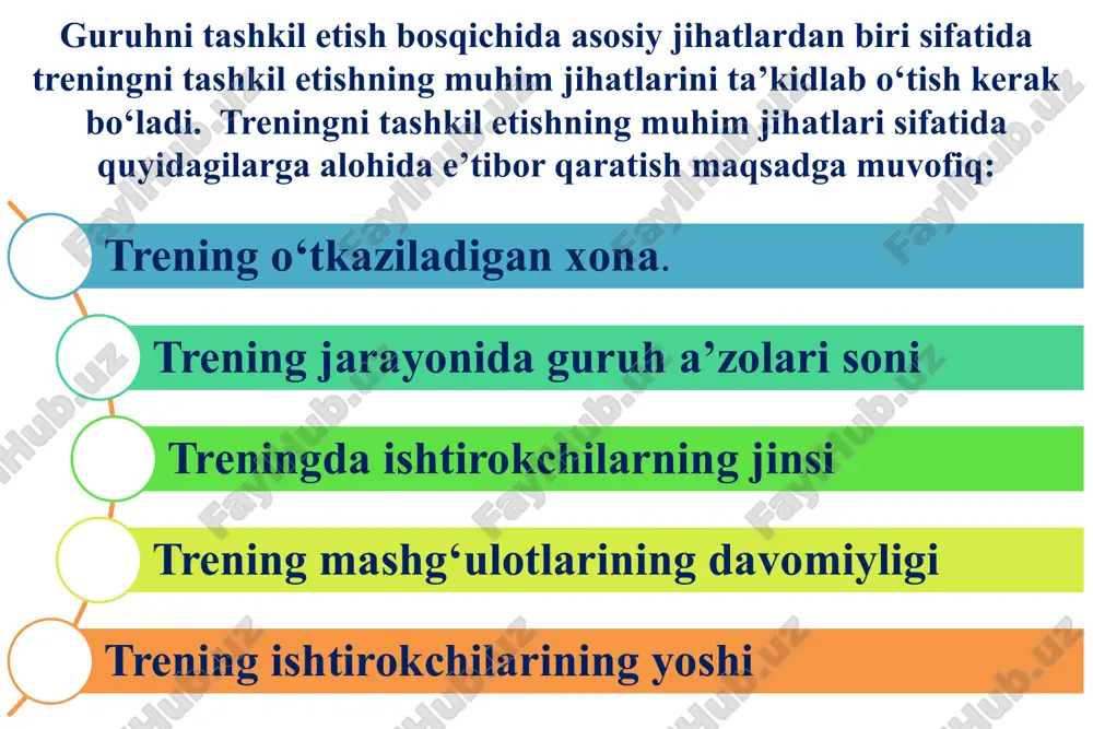 hovqin atrofdagilarga halaqit berishi kerak emas. 5 bunday sharoitlar yaratish har bir trener uchun imkon darajasidan kelib chiqadi. shuning uchun bunday xonaga ega bo‘lmagan holatlarda trening o‘tkazish mumkin emas degan xulosaga kelmaslik lozim. oddiy xonalarda ham guruh a’zolarini doira shaklida joylashtirilgan stullar qo‘yib trening mashg‘ulotlar olib borilishi holatlari bo‘ladi. ya’ni trening jarayonida asosiy e’tibor ishtirokchilarning doira shaklida o‘tirishiga qaratlishi kerak. doira shaklida o‘tirishning afzalligi shundaki, hamma ishtirokchilar bir-birining borligini his qilishi va bir-birini ko‘rib turishiga imkoniyat yaratiladi. bu esa ishtirokchilarda bir-biriga e’tiborni orttirish bilan birga mashg‘ulotlarga diqqat bilan munosabatda bo‘lish hissini, shuningdek o‘zaro ishonch, o‘zaro qiziqish kabi xususiyatlarni vujudga keltiradi. 6 bundan tashqari, doira shaklida o‘tirish boshlovchi va ishtirokchilar orasida erkin muloqotda bo‘lish imkoniyatini yaratadi. ayniqsa, o‘smirlar guruhi bilan ishlaganda, ular qarshisida o‘qituvchining bo‘lmasligi o‘smirlarda haqiqiy tenglikni his etishga yordam beradi. bu orqali guruh a’zolarining haqiqiy ijtimoiy tengligini ta’minlovchi psixologik muhit (iqlim) yaratiladi. ba’zi trening xonalari oddiy gilamlar to‘shalgan va …