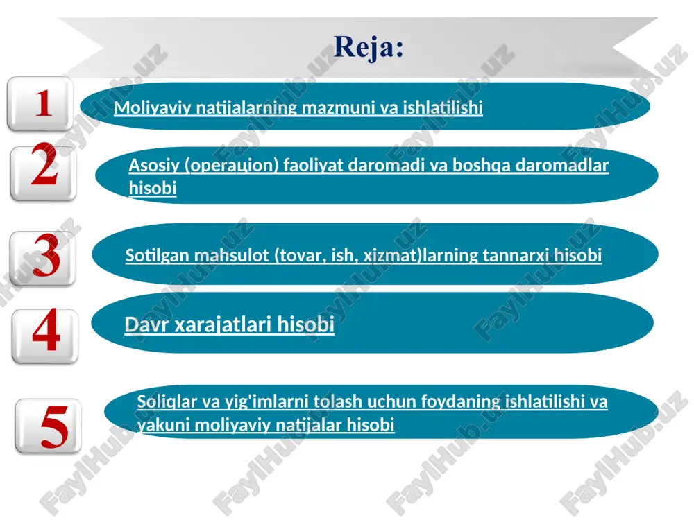 talqin etish mumkin. moliyaviy natijalar bu- sub'ektning foyda yoki zarar shaklida ifodalangan faoliyatining pirovard iqtisodiy yakunidir, yoki boshqacha qilib aytganda moliyaviy natijalar – bu xojalik sub'ektining ma'lum hisobot davrida tadbirkorlik faoliyati jarayonida oziga qarashli mablag'ning oshishi yoki kamayishidir. bunday faoliyat natijasi hisobot davridagi barcha foydalar va zararlarni hisoblash yo’li bilan aniqlanadi. moliyaviy natijalarning mazmuni va ishlatilishi o’zbekiston respublikasi vazirlar mahkamasining 1999 yil 5 fevraldagi 54-son qarori bilan tasdiqlangan «mahsulot (ish, xizmatlar)ni ishlab chiqarish va sotish xarajatlarining tarkibi hamda moliyaviy natijalarni shakllantirish tartibi tog'risidagi nizom» 2-sonli bhms «asosiy xojalik faoliyatidan tushgan daromadlar «moliyaviy natijalar tog'risidagi hisobot» nomli 3-son buxgalteriya hisobi milliy standarti daromadlar foyda yoki zarar xarajatlar 1 7 8 sof foydaning ozgarishiga ta’sir etuvchi omillar moliyaviy faoliyatdan foyda va zarar maxsulot sotishdan yalpi foyda davr xarajatlari favqulodda foyda va zarar foydadan soliq va boshqa soliq yig'imlar 8 1 foydaning funktsiyalari xojalik yurituvchi sub'ektlarning ishlab chiqarish va tijorat faoliyatini baholovchi korsatkich …