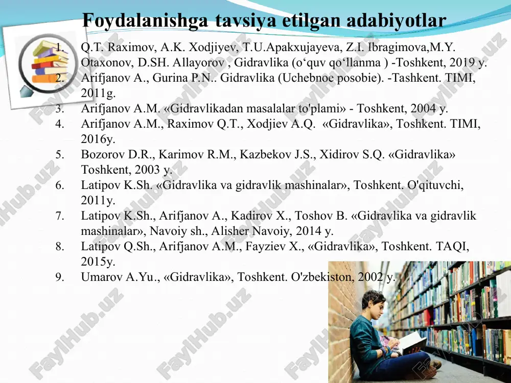 asining qiyalik burchagiga bog‘liq; c) nisbiy tinch holatdagi suyuqlikning yuzasiga ta’sir etayotgan kuch suyuqlik hajmiga nisbati gidrostatik bosim deb ataladi. gidrostatikbosim hossaga ega: hossa. suyuqlikning ixtiyoriy nuqtasidagi gidrostatik bosim ta’sir etayotgan yuzasiga tik normal yo‘nalgan bo‘lib, siquvchi hisoblanadi, ya’ni bosim qaralayotgan suyuqlik hajmini ichiga yo‘nalgan bo‘ladi; d)nisbiy tinch holatdagi suyuqlikning yuzasiga ta’sir etayotgan kuchning shu yuza kattaligiga nisbati gidrostatik bosim deb ataladi. gidrostatikbosim ikkita asosiy hossaga ega suyuqlikning tekis sirtga ta’sir etayotgan gidrostatik bosim kuchi. atmosfera bosimi . suyuqlik tubidagi bosim kuchi inertsiya moment. gidrostatikaning asosiy tenglamasi qaysi kuchlar hisobga olinganda to’g’ri bo’ladi? 1.inertsiya kuchini, og’irlik kuchini 2.faqat ishqalanish kuchini 3.faqat og’irlik kuchini 4.ishqalanish kuchini, og’irlik kuchini qaysi ma’lumot paskal’ qonunini ifodalaydi? 1.suyuqlikka botirilgan jismga siqib chiqaruvchi kuch ta’sir qilib, bu kuchning kattaligi botirilgan jism siqib chiqargan suyuqlik hajmiga teng bo’ladi 2.gidrostatik bosim u ta’sir qilayotgan yuzaga normal bo’yicha yo’nalgan bo’ladi 3.gidrostatik bosim u ta’sir qilayotgan yuzaga vertikal yo’nalgan bo’ladi …