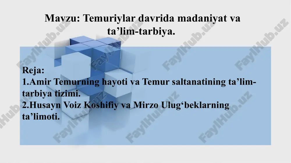 ni yo’lga qo‘ydi. samarqand va shahrisabz shaharlari oqar suv bilan ta’minlandi va ariqlar qazdiradi. 1.har erda va har vaqtda islom dinini qo’llab-quvvatlagan. 3.salatanat ishlarini murosayu madora orqali yurgizgan. 4.davlat ishlarini qonun-qoida va tuzuklarga asoslanib boshqargan. 5.amirlar va sipohiylarga hurmat ko’rgazgan. 6.adolat va insofga tayangan. amir temur umr bo’yi quyidagi o’n ikki tamoyilga amal qilgan 7.fuqarolarga izzat-hurmat ko’rgazgan. 10.turku tojik, arabu ajamning turli toifalariga hurmat ko’rsatgan. 11.do’stlarni unutmagan va ularga yordam bergan. 12.har joyda sipohiylarni hurmat qilgan. 9.raiyat ahvolidan doimiy ogoh bo’lgan. 8.azmu jazm bilan ish tutgan. 2.davlat ishlarini kengash asosida boshqargan ishlab chiqarish ishlab chiqarish oltin va kumush qimmatbaho toshlar qadalagan idishlar sirtiga naqsh va yozuvlar ishlangan binokorlik, g‘isht teruvchili rivojlangan ishlab chiqarish xiv-xv asrlarda sirli spoollarga naqsh xattotlik keng qo‘llanilgan ishlab chiqarish kulolchilik rivojlangan xv-asrda metall buyumlar- uy-ro‘zg‘or buyumlari, asbob-uskunalar, qurol-yarog‘lar ko‘plab ishlab chiqarilgan. temuriylar davlati siyosiy a’loqlar yaxshi rivolnagan. xitoy, hindiston, eron, rusiya, volga bo‘yi, sibir bilan muntazam …