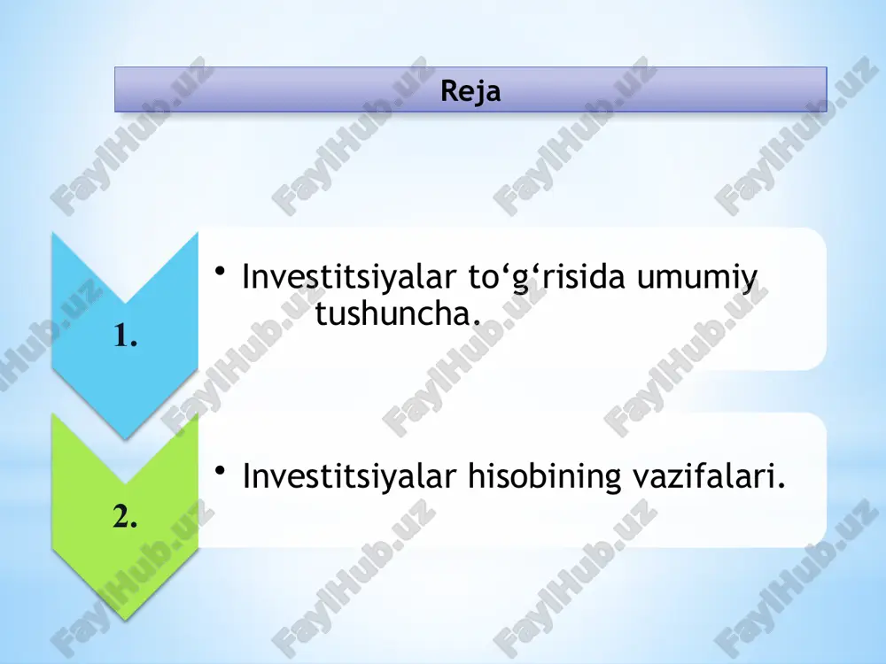 omad olishga (foiz, royalti, dividend va ijara haqi shaklida) mo‘ljallangan, investitsiya qilingan sarmoya qiymatining ortishi yoki investitsiya qiluvchi kompaniya boshqa naf olish uchun foydalanadigan aktivlar. intelektual investitsiyalar bu korxonaning intelekrual boyliklarni xarid qilishga sarflangan mablag’lardir. 2. investitsiyalar hisobining vazifalari. 1. moliyaviy investitsiyalarni va ular bo'yicha olingan daromadlarni o‘z vaqtida va to‘g‘ri aniqlash; 2. moliyaviy investitsiyalar uchun ajratilgan mablag‘larni o‘z vaqtida hisobdan chiqarishni taʼminlash; 3. moliyaviy investitsiyalarni hisobga olishda bhmslarini keng qo‘llash; 4. moliyaviy investitsiyalardan olingan daromadlarning korxona moliyaviy natijalarida aks ettirilishini taʼminlash; 5. moliyaviy investitsiyalardan olingan daromadlardan byudjetga tegishli qismini amaldagi meʼyoriy hujjatlarga, soliq kodeksining talabiga muvofiq to‘g‘ri hisoblashni tashkil qilish, byudjetga tegishli qismini o‘z vaqtida o‘tkazishni taʼminlash; 6. moliyaviy investitsiyalar hisobiga kelib tushgan mablag‘lardan korxonani kengaytirish, rivojlantirish va korxona jamoasi ehtiyoji uchun ishlatishni taʼminlash. 3. investitsiyalarni turkumlanishi va tarkibi. •uzoq muddatli moliyaviy investitsiyalar bu uzoq muomala muddatiga ega (12 oydan ortiq) aktivlarning sotib olinishiga oid investitsiyalardir. •qisqa muddatli moliyaviy …