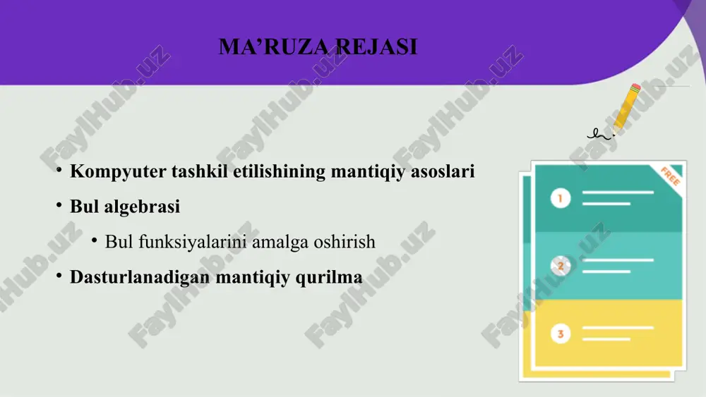 foydalanuvchiga elektron sxemani qanday ishlashini aniq belgilashga imkon beradi. pld dasturiy ta'minoti jedec faylini shakllantiradi. pldshell, max plus ii, pspice, abel, cupl, xilinx, orcad kabi pld dasturiy ta'minot dasturlari mavjud. pld dasturi maxsus socketlar asosida hardware qismiga yoziladi l293d asosida pld-ni loyihalash bul algebrasi kompyuterning elementi hisoblangan - raqamli sxema yordamida o‘zgaruvchilari va qiymati ikkita mantiqiy qiymatdan birini qabul qilishi mumkin bo‘lgan funksiyalar amalga oshiriladi. bunday funksiyalar bul funksiyalari deb ataladi. bul funksiyalar va ularni qo‘llash qoidalari ingliz matematiki djordj bul (1815-1864) nomi bilan yuritiladigan, bul algebrasida ishlab chiqilgan. kompyuter arxitektursasining raqamli mantiqiy sathi elementlarini loyihalashda, bul algebrasi qoidalaridan foydalaniladi. djordj bul (1815-1864) bul funksiyalarini amalga oshirish. hozirgi kompyuter sxemalarini tashkil qiluvchi va bul algebrasining oddiy funksiyalari hisoblangan, mantiqiy ko‘paytirish - i (and), mantiqiy qo‘shish - ili (or) va inkorlash - ne (not) funksiyalarini bajaruvchi elementlar va ularning haqiqat jadvallari keltirilgan. bul algebrasining oddiy funksiyalarini bajaruvchi elementlar bul algebrasi va …