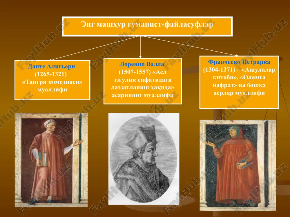 onish davrida (xvi-xvii asrlar) evropada, ayniqsa, italiyada keng ommalashgan). naturfilosofiyaning asosiy hususiyatlari dunyoga bo'lgan materialistik qarashni asoslash; falsafani teologiyadan ajratishga intilish; teologiyadan mustaqil bo'lgan ilmiy dunyoqarashni shakllantirish; dunyoning yangi tasvirini ilgari surish (xudo, tabiat va fazo yagonadir, er esa olamning markazi emas); dunyoni bilish mumkinligini tasdiqlash va bunda birinchi navbatda sezgilar va aql yordamida (xudoning vahiysi yordamida emas). andreas vezaliy falsafasi (1514-1564) dunyoning kelib chiqishini materialistik asoslab bergan; hayvonlarni o'rganish yordamida inson tuzilishini tasvirlab bergan, qadimgi rim tabibi galen davrida (130-200) tibbiyotda hukm surgan qarashlarni rad etdi; ko'pgina anatomik tekshiruvlar natijasida vezaliy o'z yo'nalishini yaratdi va mashxur bo'lgan «inson tanasi tuzilishi» nomli kitob nashr ettirdi, unda haqiqatga to'g'ri keladigan inson anatomiyasi batafsil yoritib berilgan. nikolay kopernik (1473-1543), astranomik izlanishlarga asoslanib borliqning yangi tasvirini ilgari surdi er olamning markazi emas (geotsentrizm g'oyasi rad etilgan); quyosh erga nisbatan markaz (geotsentrizm geliotsentrizm bilan almashgan), er quyosh atrofida aylangan; barcha koinot jismlari o'z yo'nalishi …