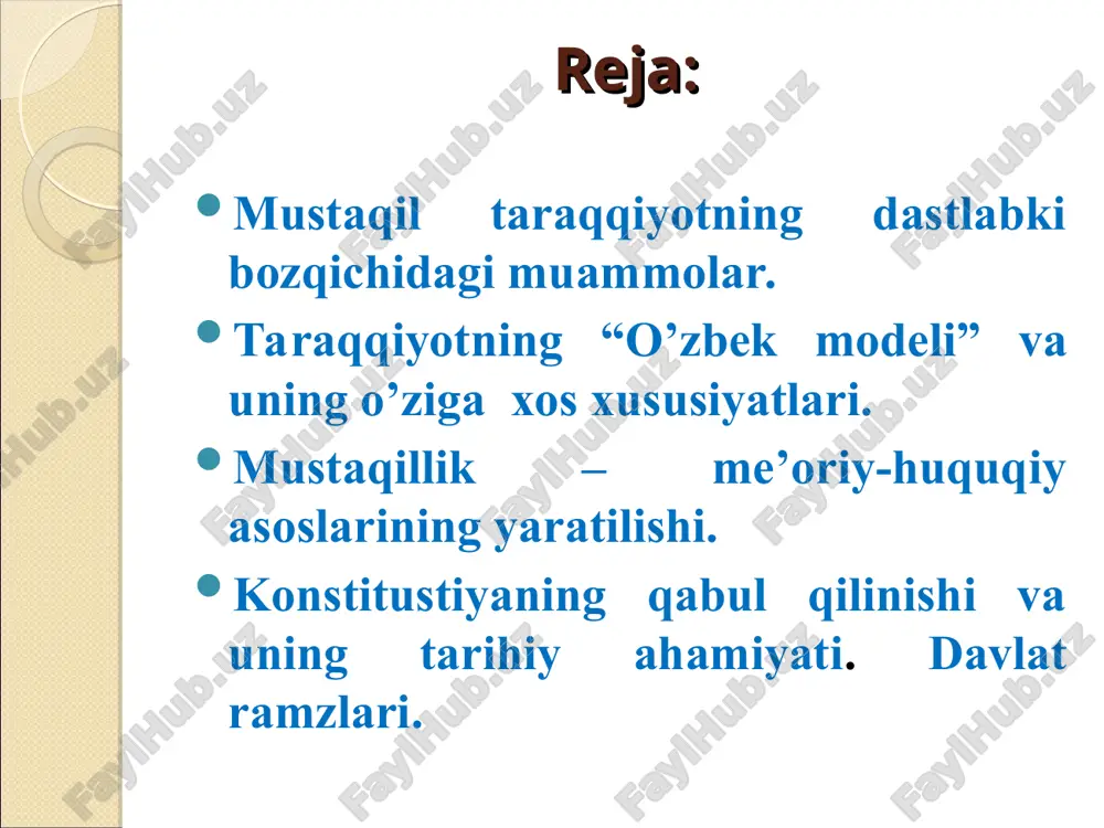 urmushini, uning huquqlari va erkinliklarini kafolatlashi, milliy an’analari va madaniyatining qayta tiklanishi, insonni shaxs sifatida ma’naviy axloqiy kamol topishini ta’minlashi mumkin», dedi. o‘zbekistonda yangi davlat va jamiyat qurishning besh tamoyili beshinchi – islohotlarni bosqichma-bosqich amalga oshirish to‘rtinchi – kuchli ijtimoiy siyosatni amalga oshirish, davlatning aholini ijtimoiy nochor qatlam va guruhlarini qo‘llab-quvvatlash borasida mas’ul bo‘lishi uchinchi – qonun ustuvorligi yoki barcha fuqarolarning qonun oldida tengligi ikkinchi – davlatning o‘zi eski tuzumdan yangi tuzumga o‘tish davrida bosh islohotchi bo‘lishi, ya’ni uning mamlakatni davlatchilik, ijtimoiy va iqtisodiy sohalarda yangilashga qaratilgan islohotlarning tashabbuskori bo‘lish vazifasini o‘z zimmasiga olishi birinchi – iqtisodiyotning mafkuradan xoliligi va uning siyosatdan ustunligi. boshqacha aytganda, avval iqtisod, keyin siyosat o’zbekiston iqtisodiyotiga ham zarar etkazgan edi. 80-yillarga kelib o’zbekiston asosiy ijtimoiy-iqtisodiy korsatkichlar boyicha ittifoqda oxirgi orinlardan birini egallar edi. o’zbekiston iqtisodiyoti bir tomonlama rivojlanib borgan. u asosan sssrning xom ashyo bazasiga aylangandi. paxta paxta etishtirishning salmog'i, xatto chor rossiya davrida (1913 …