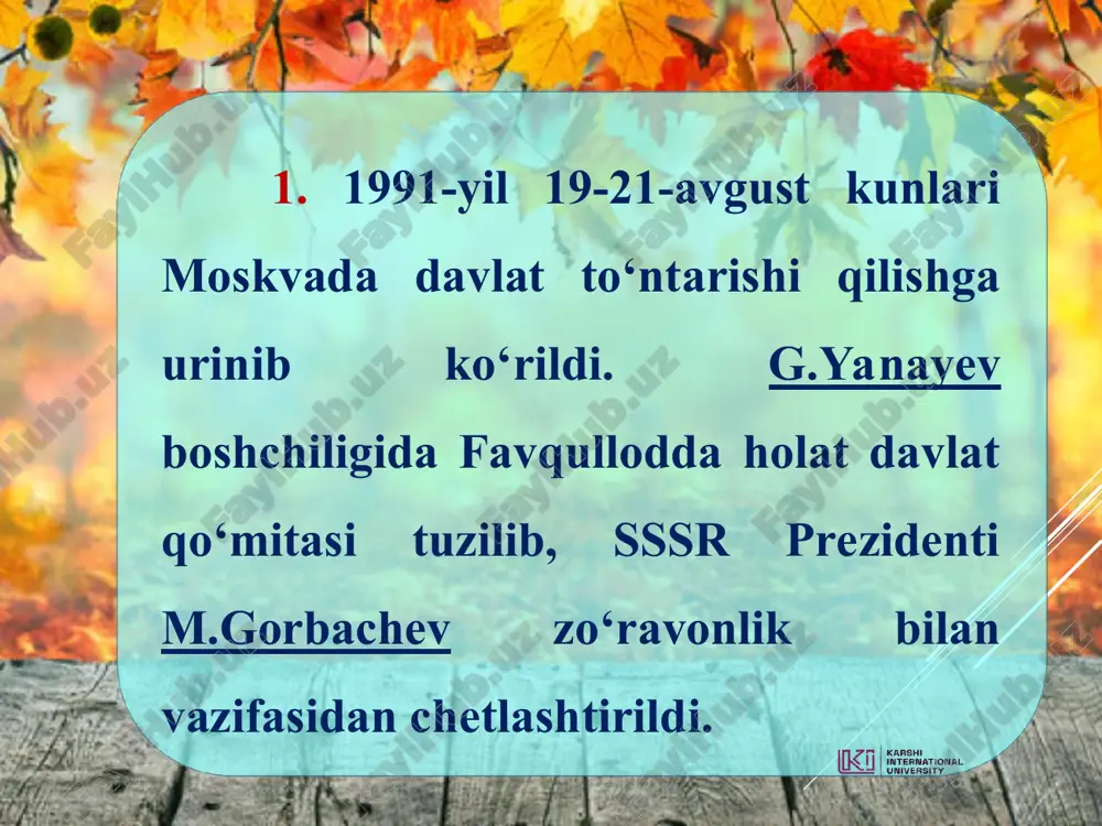 l avgust oyida nashr etilgan „o'zbekistonning o'z istiqlol va taraqqiyot yo'li“ asarida o'zbekistonning taraqqiyot yo'lini har tomonlama puxta asoslab berdi. bu taqaqqiyotning “o’zbek modeli” deb atalgan. 1993-yilda nashr etilgan „o'zbekiston bozor munosabatlariga o'tishning o'ziga xos yo'li“ nomli asarida islom karimov yangi jamiyat qurishning besh tamoyilini asoslab berdi. 1. iqtisodiyotni mafkuradan xoli etish, iqtisodning siyosatdan ustunligi, o'ziga xos ichki qonunlarga muvofiq rivojlanishi. 2. davlat bosh islohotchi, iqtisodiy o'zgartirishlarning tashabbuskori. 3. qonun ustuvorligi, qonun oldida hammaning barobarligi va hammaning qonunga bo'ysunishi. 4. bozor iqtisodiyotiga o'tishning barcha bosqichlarida kuchli ijtimoiy siyosat yuritish, aholining muhtoj tabaqalarini ijtimoiy himoyalashning ustuvorligi. 5. bozor iqtisodiyotiga bosqichma-bosqich va izchil ravishda o'tish, islohotlarni inqilobiy sakrashlarsiz amaiga oshirish. o’zbekiston respublikasi davlat bayrog’i—1991-yil 18-noyabr (farhod yo’ldoshev) o’zbekiston respublikasi davlat gerbil—1992-yil 2-iyul (anvar mamajonov) o’zbekiston respublikasi davlat konstitutsiyasi—1992-yil 8-dekabr foydalanilgan adabiyotlar: 1. karimov i.a. yuksak ma’naviyat – yengilmas kuch. – toshkent: ma’naviyat, 2008. 2. karimov i.a. o’zbekiston mustaqillikka erishish ostonasida. – toshkent: …