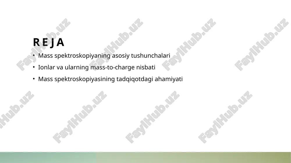 suldan foydalanadi: maldi, esi, apci va sims. har biri o'ziga xos afzalliklari va qo'llanilishi bor. spektrometrlar mass spektrometrlar, ionlarni ajratish va tahlil qilishda muhim rol o'ynaydi. ular kvadrupol, tof va ion tuzuvchi spektrometrlar kabi turlarga bo'linadi. ionlarning mass-to-charge nisbati: asosiy tushunchalar va ularga kirish. 01 ionlar va ularning turlari ionlar, zaryadlangan atomlar yoki molekulalardir. ular kationlar va anionlarga bo'linadi, bu esa mass spektroskopiyasida muhim ahamiyatga ega. 02 mass-to-charge nisbati mass-to-charge nisbati (m/z) ionlarning massasi va zaryadi o'rtasidagi munosabatni ifodalaydi. bu nisbati ionlarning identifikatsiyasi uchun asosiy ko'rsatkichdir. 03 mass spektroskopiyasida rol mass-to-charge nisbati mass spektroskopiyasida ionlarning tanlanishi va tahlili jarayonida muhim rol o'ynaydi, ilmiy tadqiqotlar uchun zaruriy ma'lumotlarni taqdim etadi. ionlar qanday mass spektroskopiyasida aniqlanadi: jarayon va metodologiya. ionlarni tayyorlash ionlarni mass spektroskopiyasiga tayyorlash jarayoni, avval ularni ionlashtirish, keyin esa to'g'ri mass-to-charge nisbati bilan ajratishdan iboratdir. ionlashtirish usullari ionlashtirish jarayonida bir necha usullar, masalan, elektron zaryadlanishi va lazer yordamida ionlashtirish ishlatiladi, …