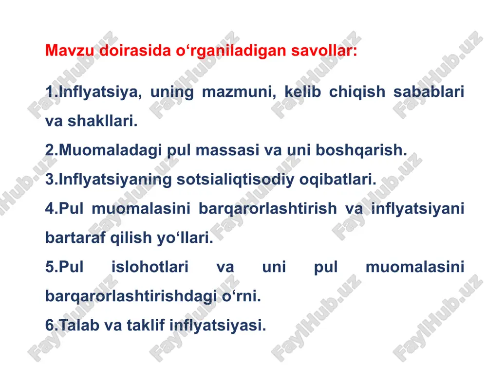 ga nisbatan tushishidir. iqtisodiyotda inflyatsiya darajasini aniqlash yo‘llari iste’mol baholari indeksi ibi – iste’mol baholari indeksi; jdikb – joriy davrdagi iste’mol savatchasi baholari; o‘dikb – o‘tgan davrdagi iste’mol savatchasi baholari. iib1 – joriy davr iste’mol baholari; iib0 – bazaviy davr iste’mol baholari. inflyatsiya darajasi inflyatsiyaning namoyon bo‘lishi shakllari: sudraluvchan inflyatsiya (yillik 6 – 8 foiz) shiddatli inflyatsiya (20– 200 foiz) giper-inflyatsiya (yiliga 1000 foiz, oyiga 100 foiz) kutilgan va kutilmagan inflyatsiya; ochiq inflyatsiya; yopiq inflyatsiya; talab xarajatlar inflyatsiyasi; taklif (xarajatlar) inflyatsiyasi. ochiq inflyatsiya mamlakatda tovarlar va xizmatlar bahosini ortib borishi bilan izohlanadi. inflyatsiyaning ushbu shakli hukumat tomonidan e’tirof etiladi va uni bartaraf etish yuzasidan ochiqchasiga tegishli chora-tadbirlar amalga oshiriladi. yopiq inflyatsiya sharoitida tovar va xizmatlar bahosi sun’iy ravishda pasaytirib ko‘rsatiladi, mamlakatda qattiq pul-kredit siyosati joriy etiladi. yopiq inflyatsiya sharotida aholi mamlakatdagi real inflyatsiya darajasi haqida aniq ma’lumotlarga ega bo‘lmaydi. talab inflyatsiyasi sharoitida yalpi talab hajmi real ishlab chiqarish hajmiga nisbatan …