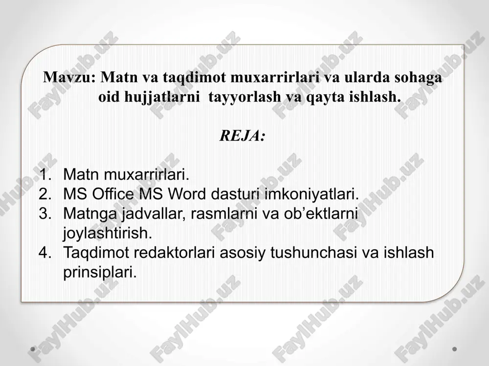 kiritish formula va simvol bilan ishlash simvol kiritish menyusi simbol kiritish menyusi formula kiritish menyusi multimedia vositalari asosida o‘qitishning afzalliklari berilayotgan materiallarni chuqurroq va mukammalroq o‘zlashtirish imkoniyati borligi ta’lim olishning yangi sohalari bilan yaqindan aloqa qilish ishtiyoqi yanada ortadi ta’lim olish vaqtining qisqarish natijasida, vaqtni tejash imkoniyatiga erishish olingan bilimlar kishi xotirasida uzoq saqlanib, kerak bo‘lganda amaliyotda qo‘llash imkoniyatiga erishiladi microsoft power point dasturida imkoniyatlari ms power point prezentatsion (taqdimot) grafikli dasturlar qatoriga kiradi. bunday dasturlar o‘zida matnlar, rasmlar, sxemalar, grafiklar, animatsiya effektlari, ovoz videokliplar va h.k. lardan iborat bo‘lgan slaydlar hosil qilish imkonini beradi. slaydlar ketma-ketligidan hosil bo‘lgan prezentatsiyani (taqdimotni) kompyuter ekranida, videomonitorlar va katta ekranlarda namoyish qilish mumkin. bu dasturning asosiy tushunchalari prezentatsiya, slayd, va animatsiya. prezentatsiya - bu slaydlar va maxsus effektlar to‘plami bo‘lib, tayyor material, doklad yoki konspekt shaklida bitta faylda saqlanadi va uni ekranda namoyish qilinadi. slayd - bu prezentatsiyaning alohida kadri bo‘lib, ichiga matn …